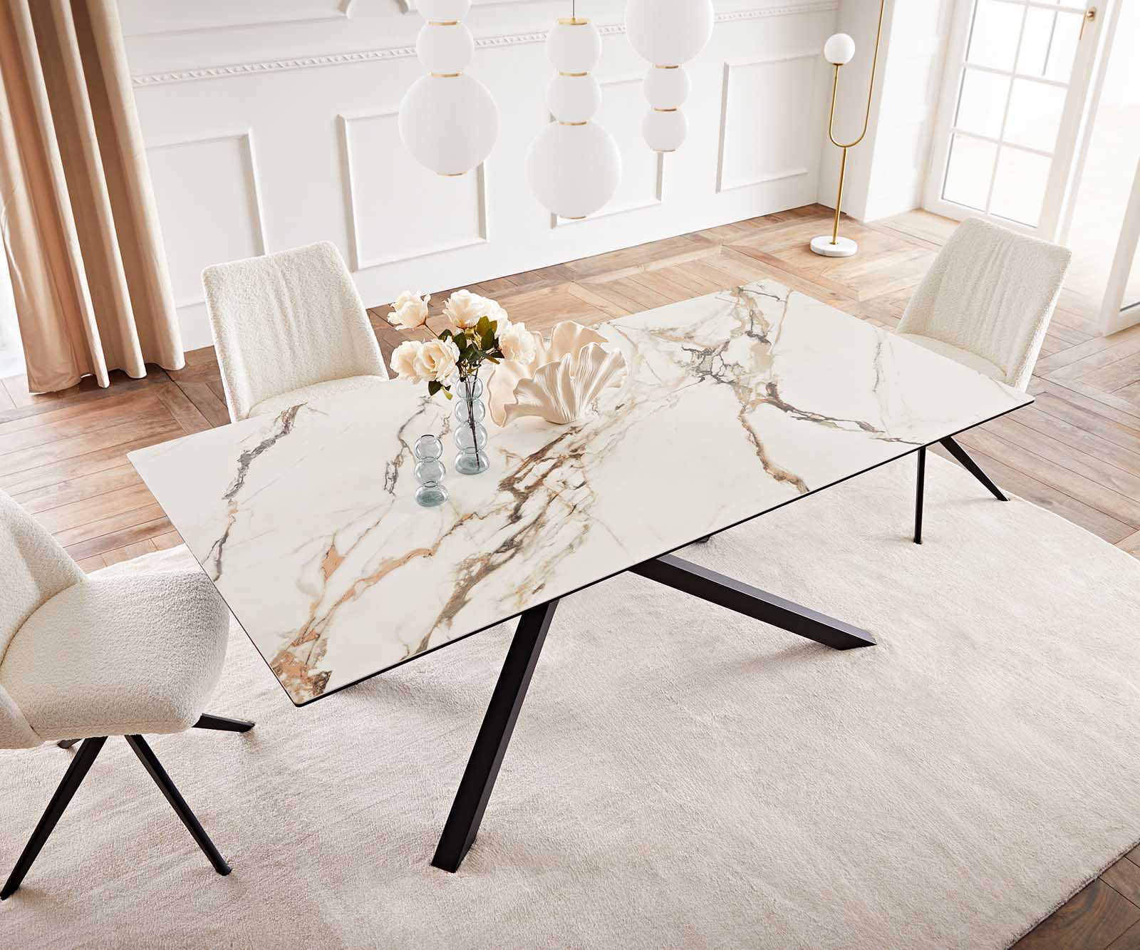 Table à manger Edge 200x100 céramique Calacatta Luxe blanc-doré-gris cadre croisé rectangulaire noir 5