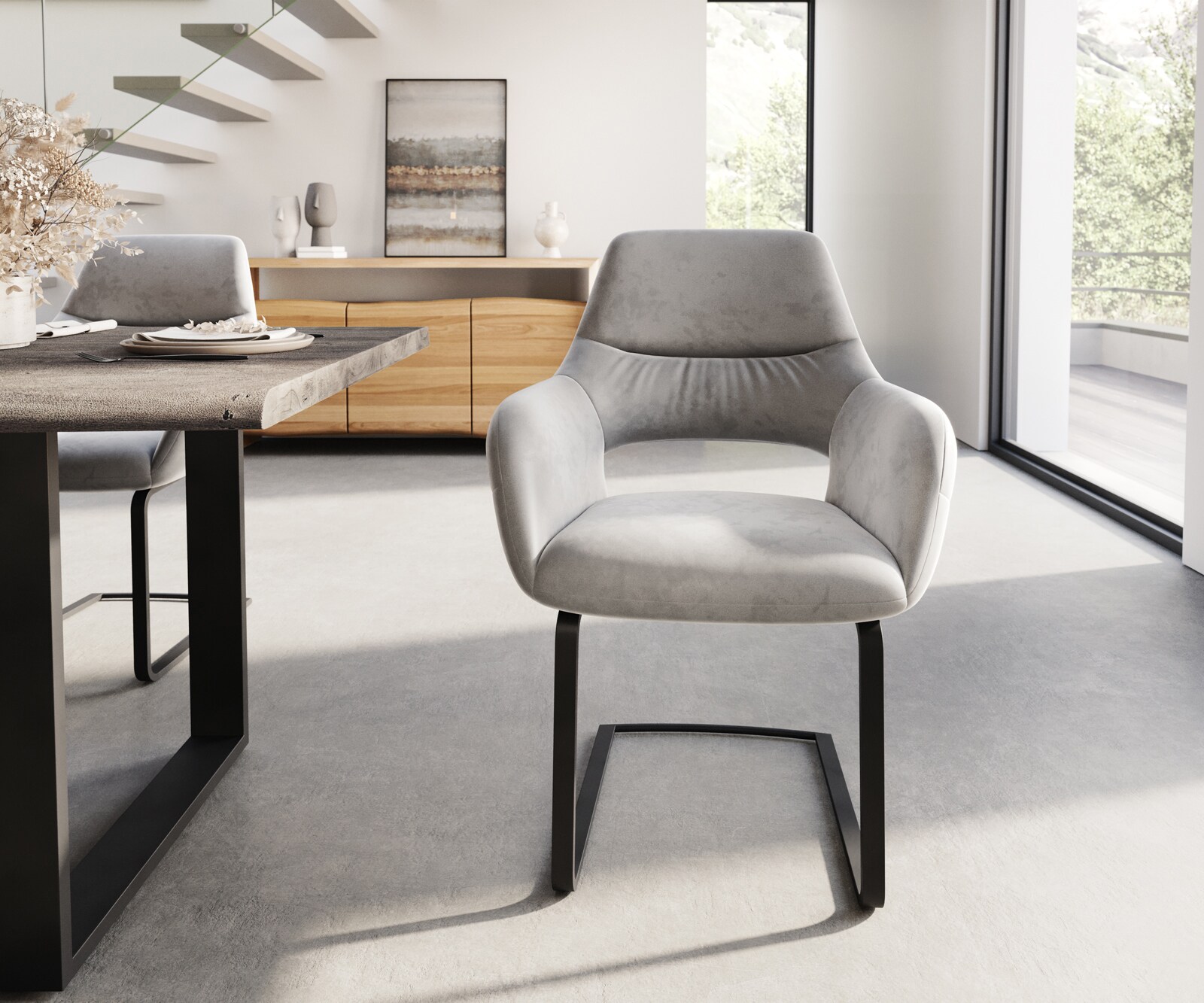 Cantilever Yago-Flex avec accoudoirs velours gris pied cantilever plat noir ressorts ensachés 1 Cantilever Yago-Flex avec accoudoirs velours gris pied cantilever plat noir ressorts ensachés 1