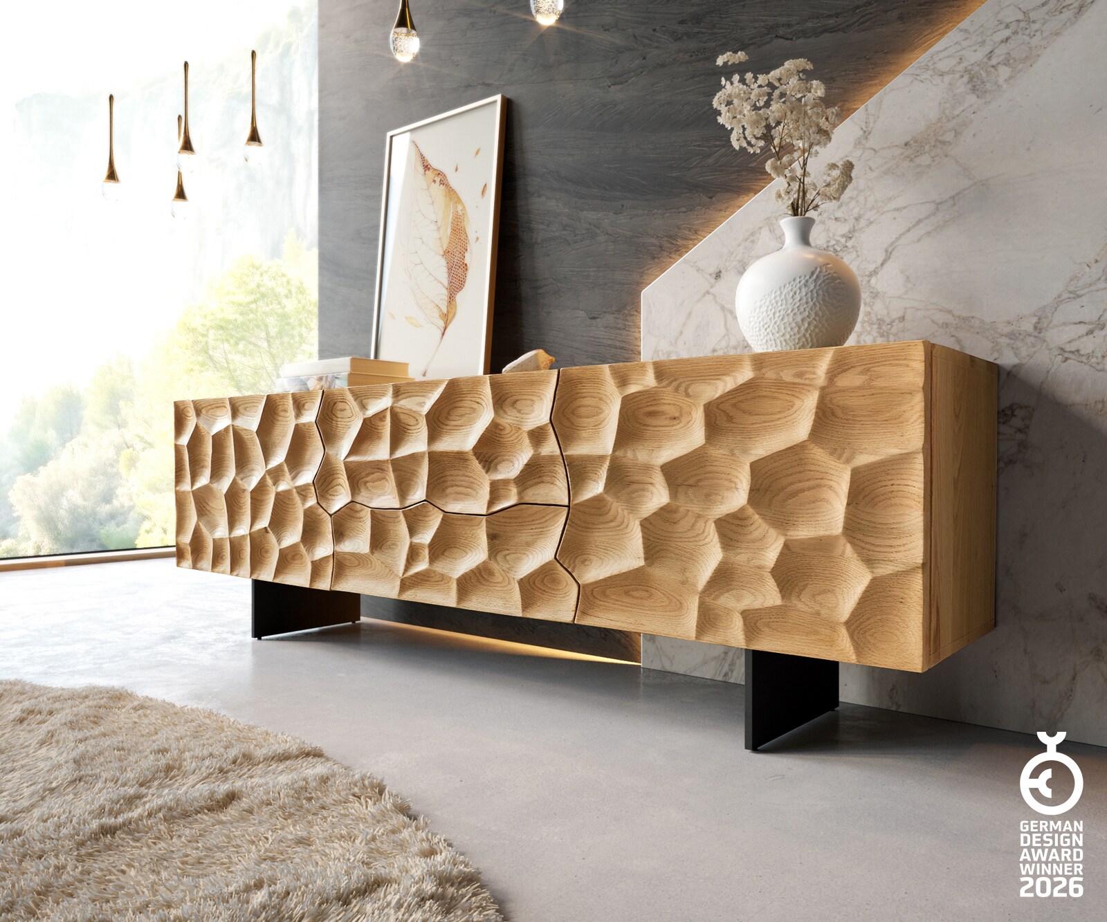 Meuble TV Solu 175 cm en chêne naturel 2 portes 2 tiroirs Pieds en métal noir face avant 3D.