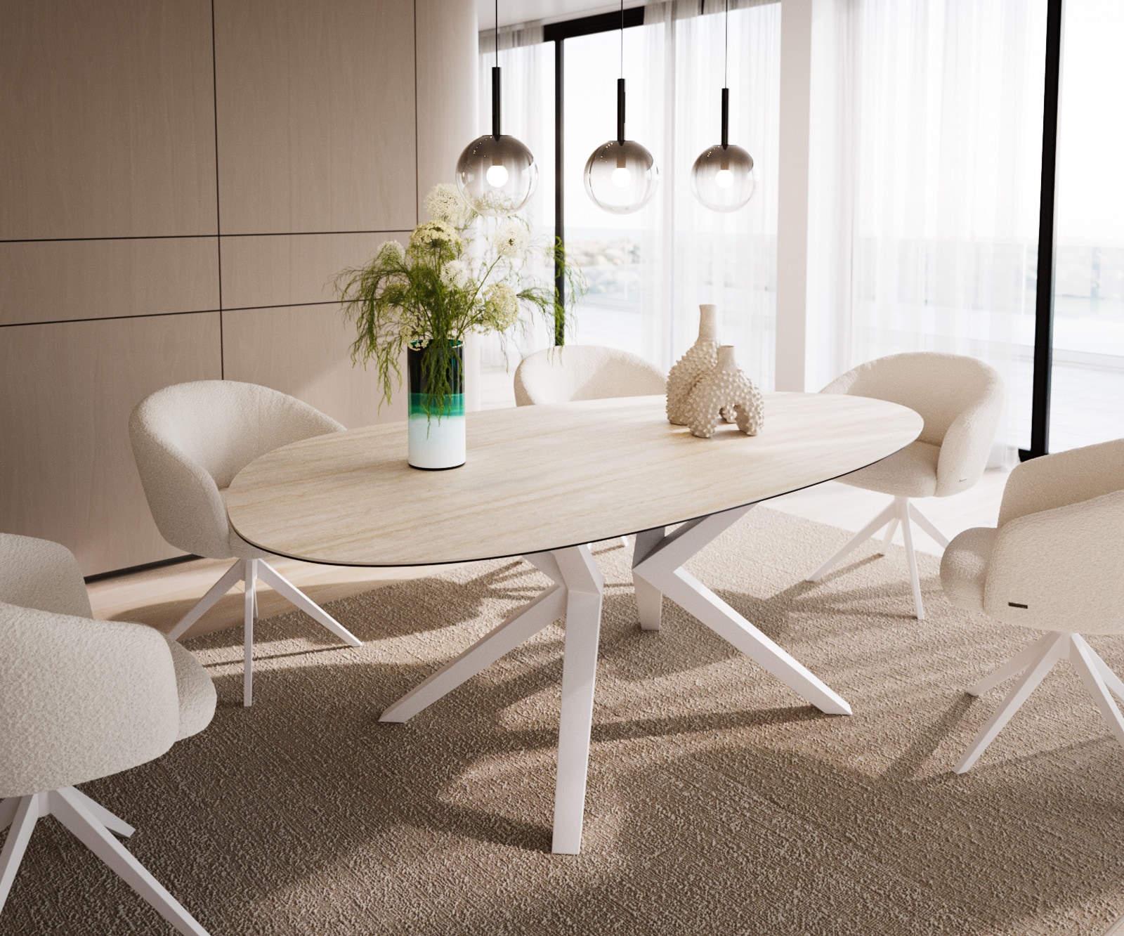 Table à manger Edge Ovale 220x120 Céramique Laminam®Travertino Bianco Crème-Blanc Zenthara anguleux Métal Blanc 1