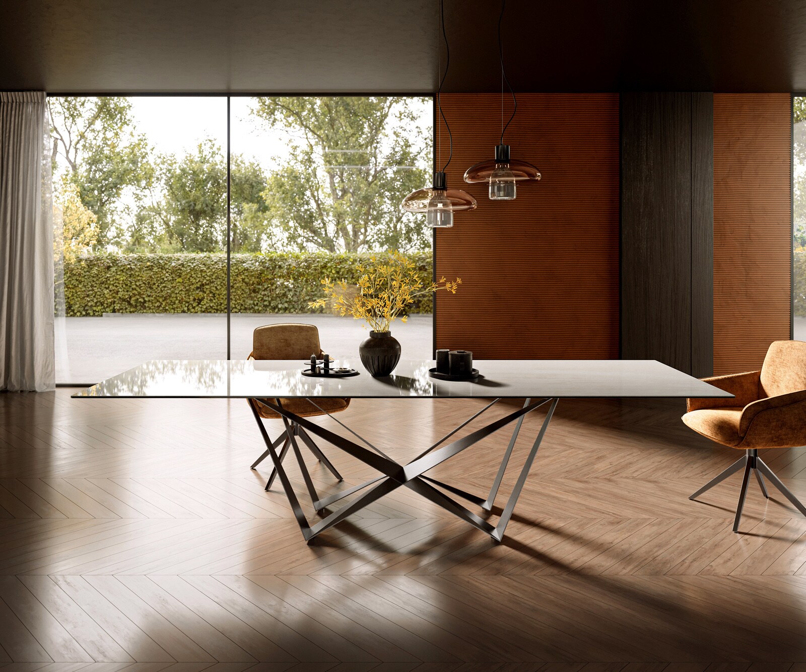 Table à manger Edge 300x100 cm céramique Onyx Champagne Spider acier plat inox graphite 2