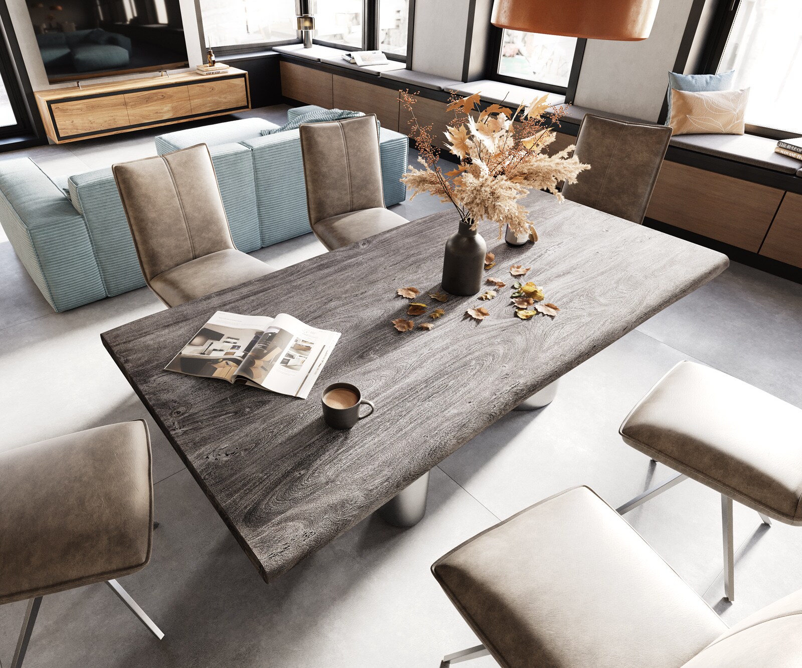 Table à manger Edge 200x100 XL acacia platine Troa acier inoxydable brossé Live-Edge 4