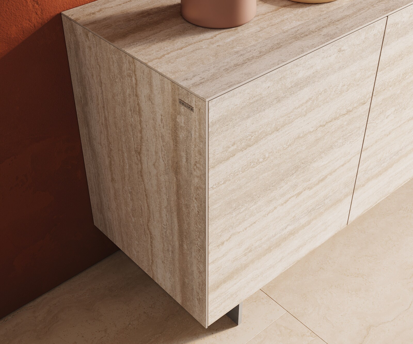Buffet Cuor 150 cm Céramique Laminam® Travertino Bianco Crème-blanc 3 Portes Pied optique flottant Ancier inoxydable 5