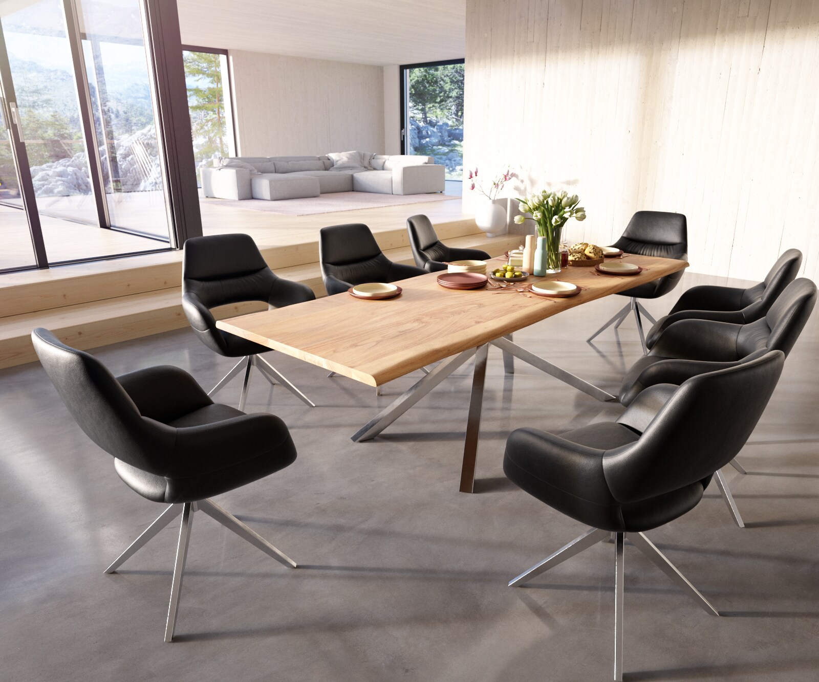 Table à manger Edge 260x100 Acacia Naturel Cadre croisé rectangle Acier inoxydable Live-Edge 5