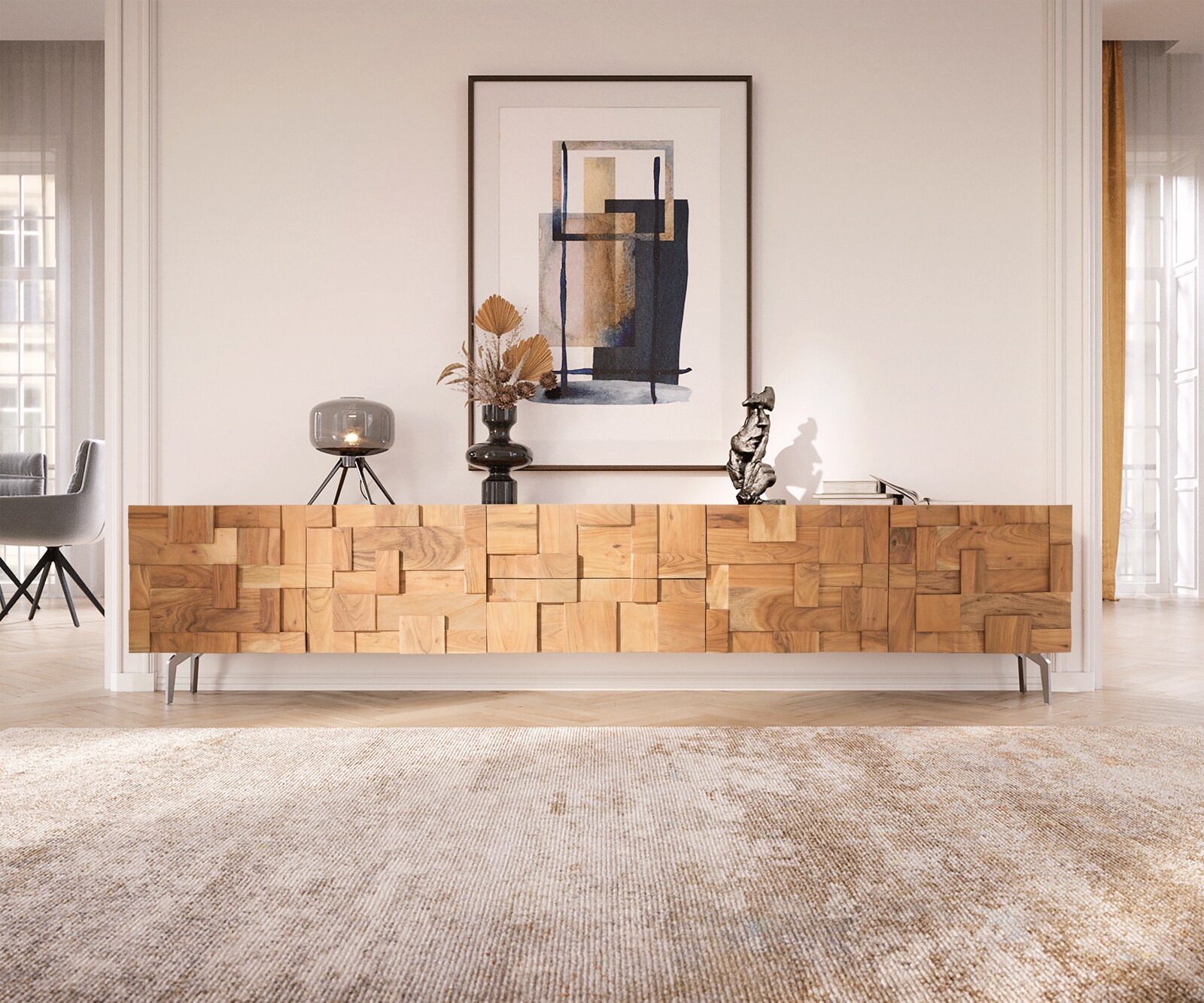 Meuble-TV Puzzle 260 cm acacia naturel pied équerre inoxydable 1