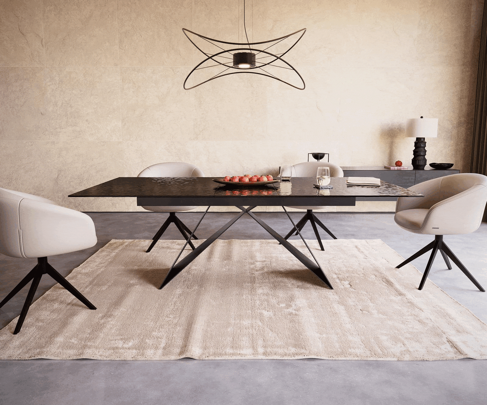 Table à manger Edge 180-220x100 verre fondu noir fumé relief en 3D cadre en V acier plat noir extensible 2