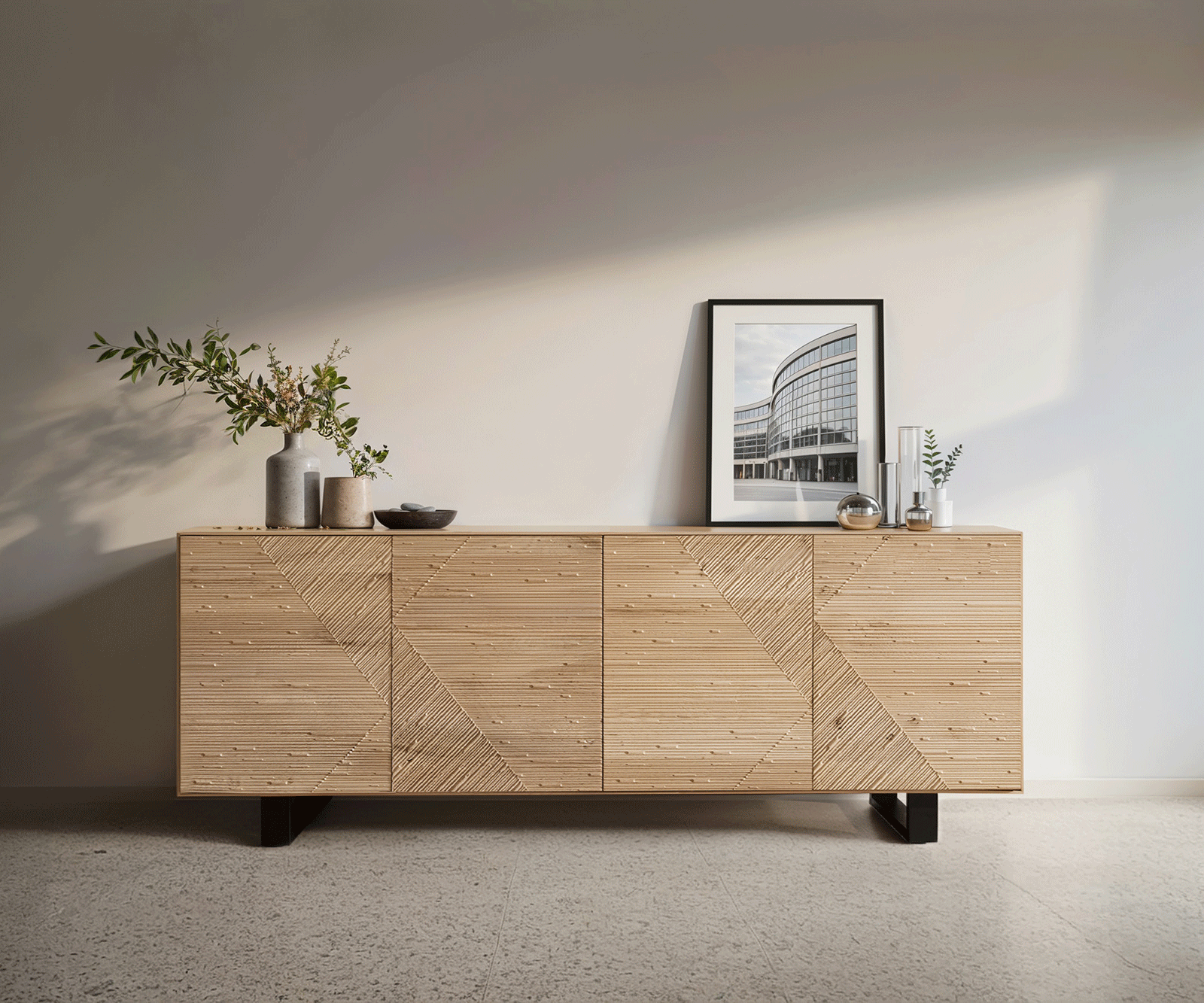 Buffet Tereos 200 cm chêne naturel effet 3D 4 portes piètement traîneau métal noir 1