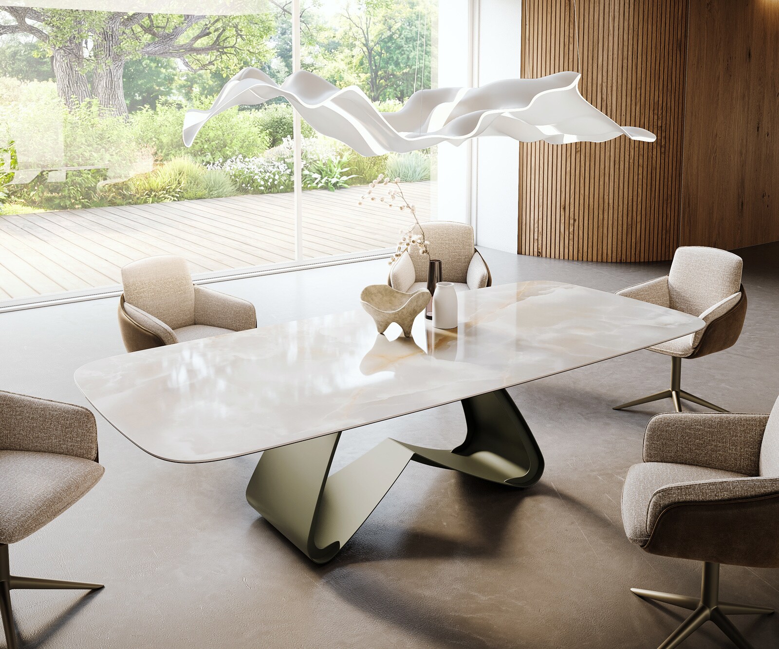 Table à manger Edge Boot 270x120 cm Céramique Iris FMG Onice Grigio piètement en W Métal Finition effet Titan 1