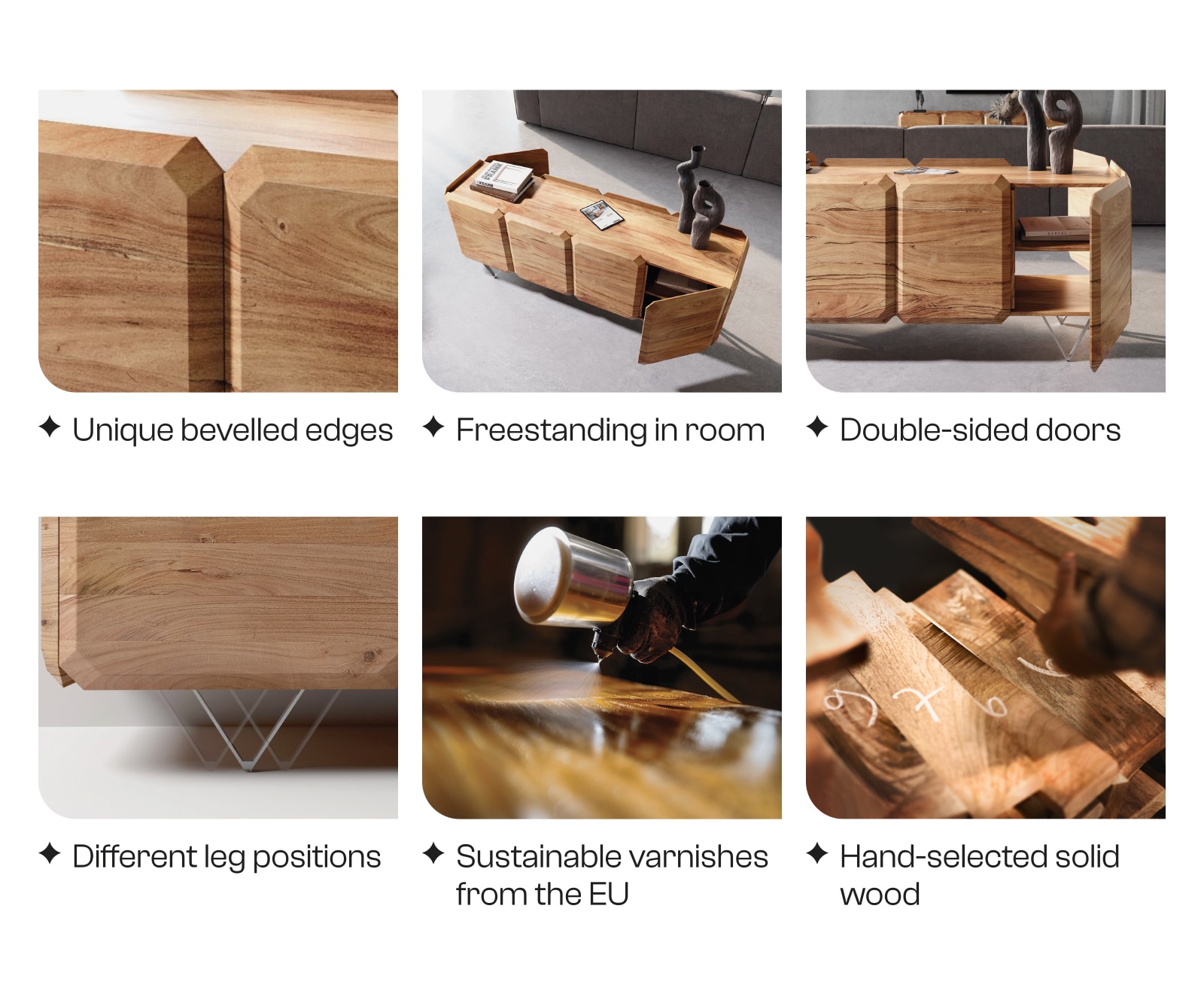 Buffet Kiano 145 cm Acacia Nature 3 Portes Pied en V Noir Séparateur de pièce 8