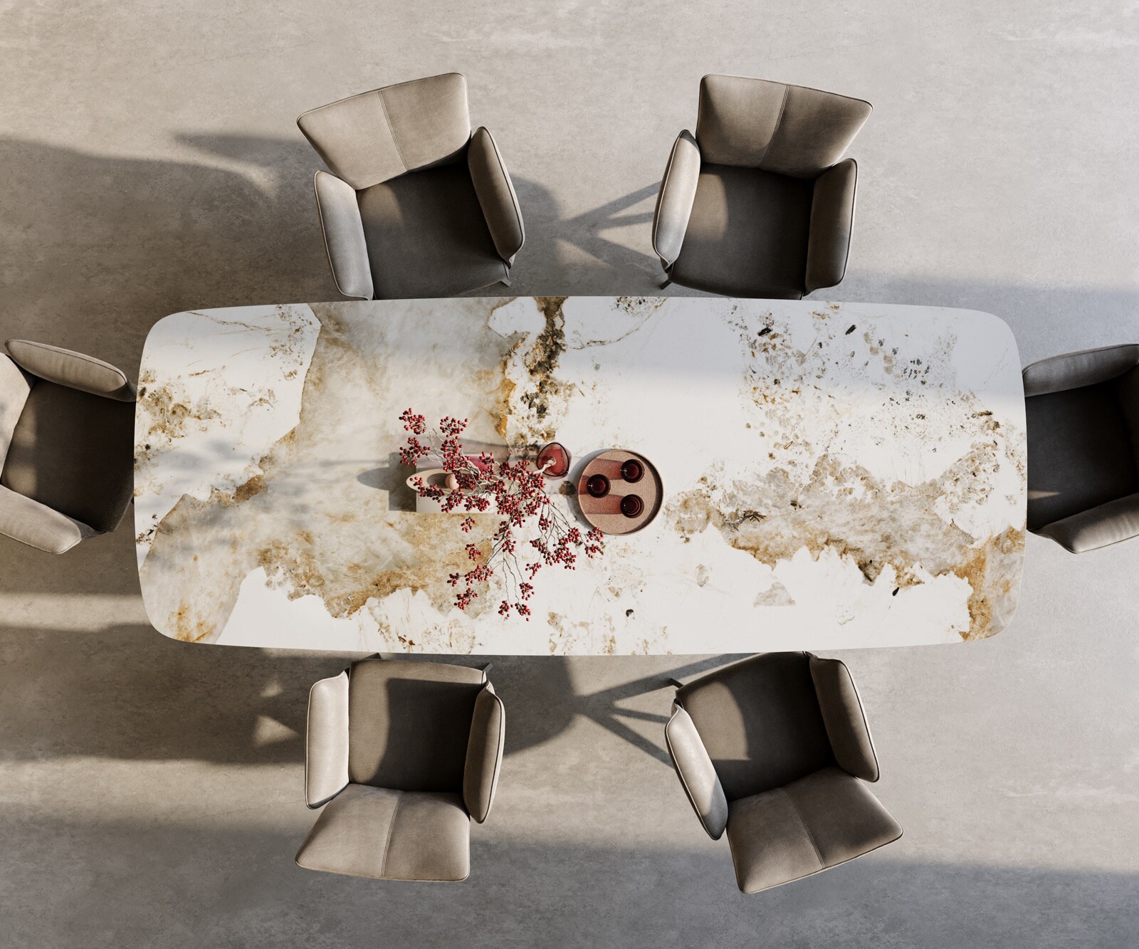 Table à manger Edge Boot 300x120 cm Céramique Minas Melange Blanc-Beige Estelar rond Métal Noir 4