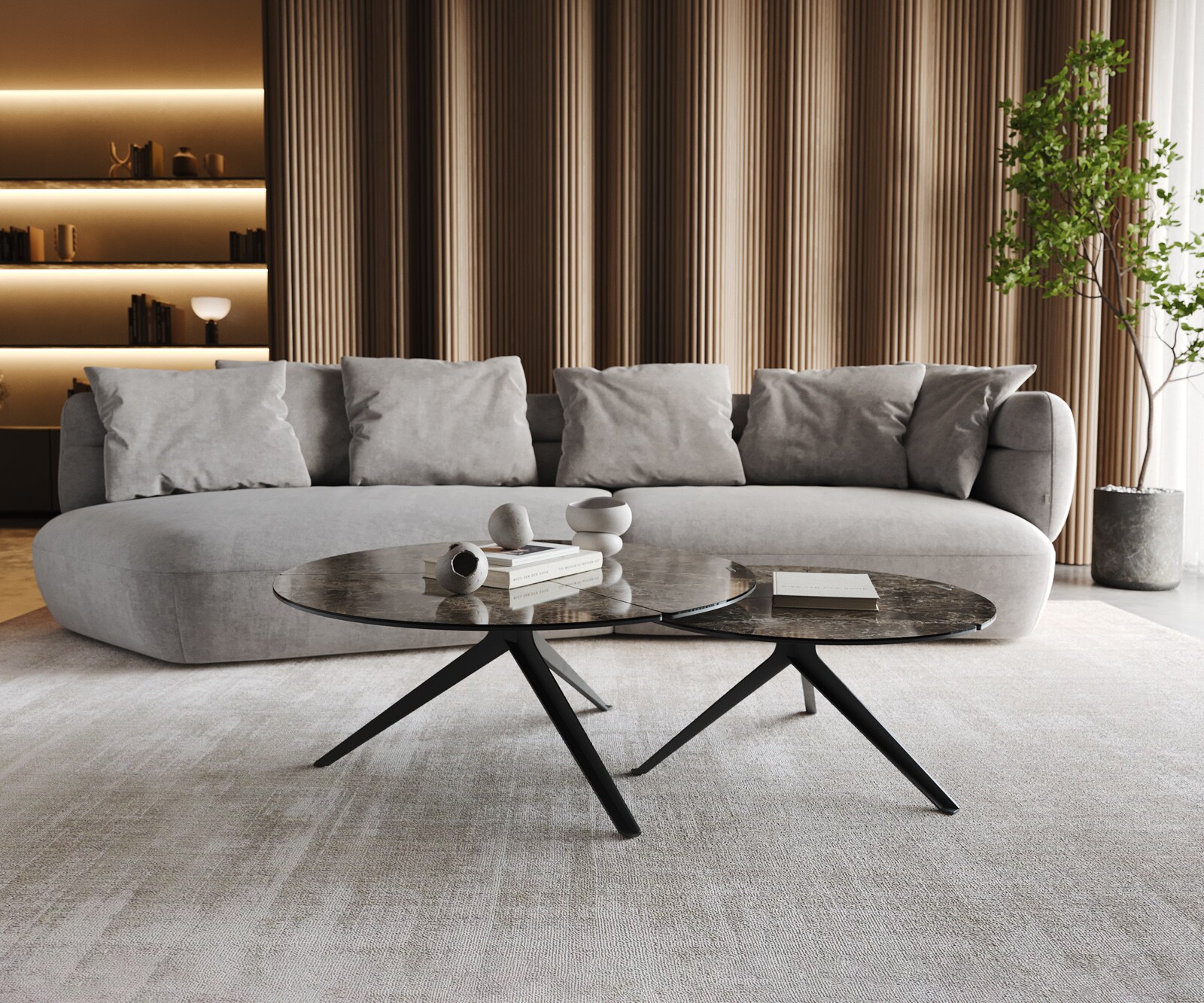 Table-basse Delron 70x70 cm Céramique Emperador Extra Lucidato Marron foncé Pied croisé plat Métal Noir 6