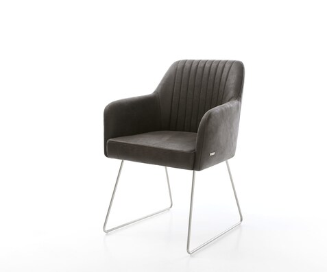Chaise-de-salle-à-manger Greg-Flex microvelours anthracite vintage pied trapèze acier inoxydable brossé ressorts ensachés