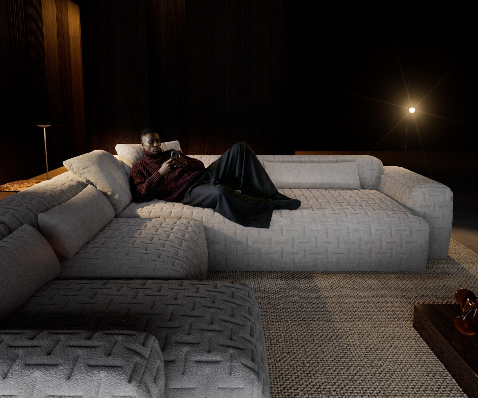 Canapé panoramique Freestyle 360x290 cm Tissu structuré doux Gris matelassé 3