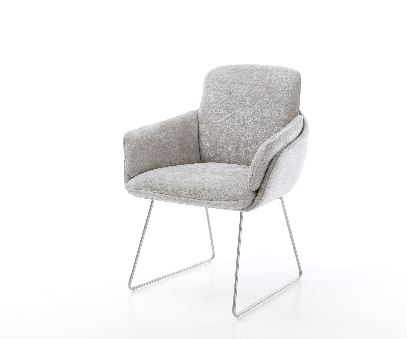 Chaise-de-salle-à-manger Luan-Flex avec accoudoirs chenille gris argenté pied trapèze acier inoxydable brossé