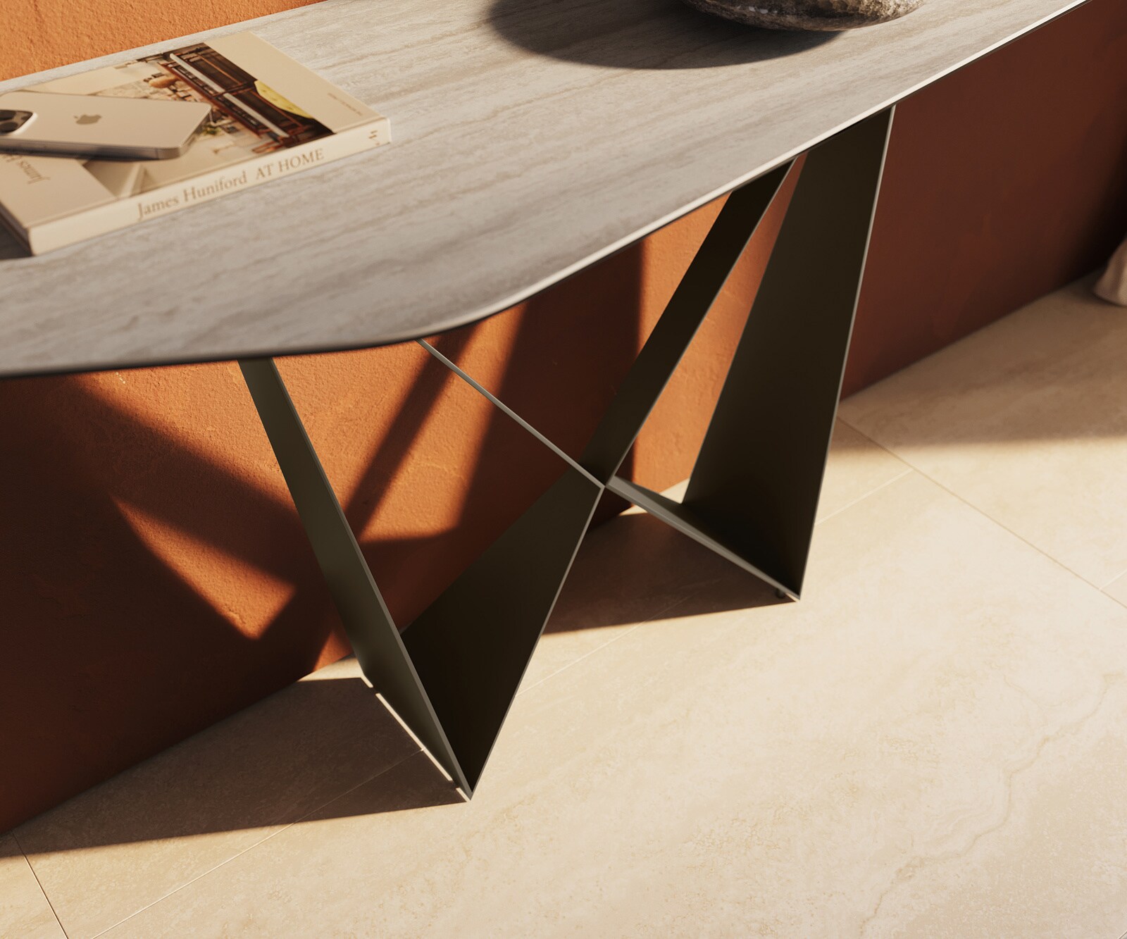 Console Edge Polygonal 180x50 cm Céramique Laminam® Travertino Bianco Creme-Weiß Spios Métal Effektfinish Titan 6