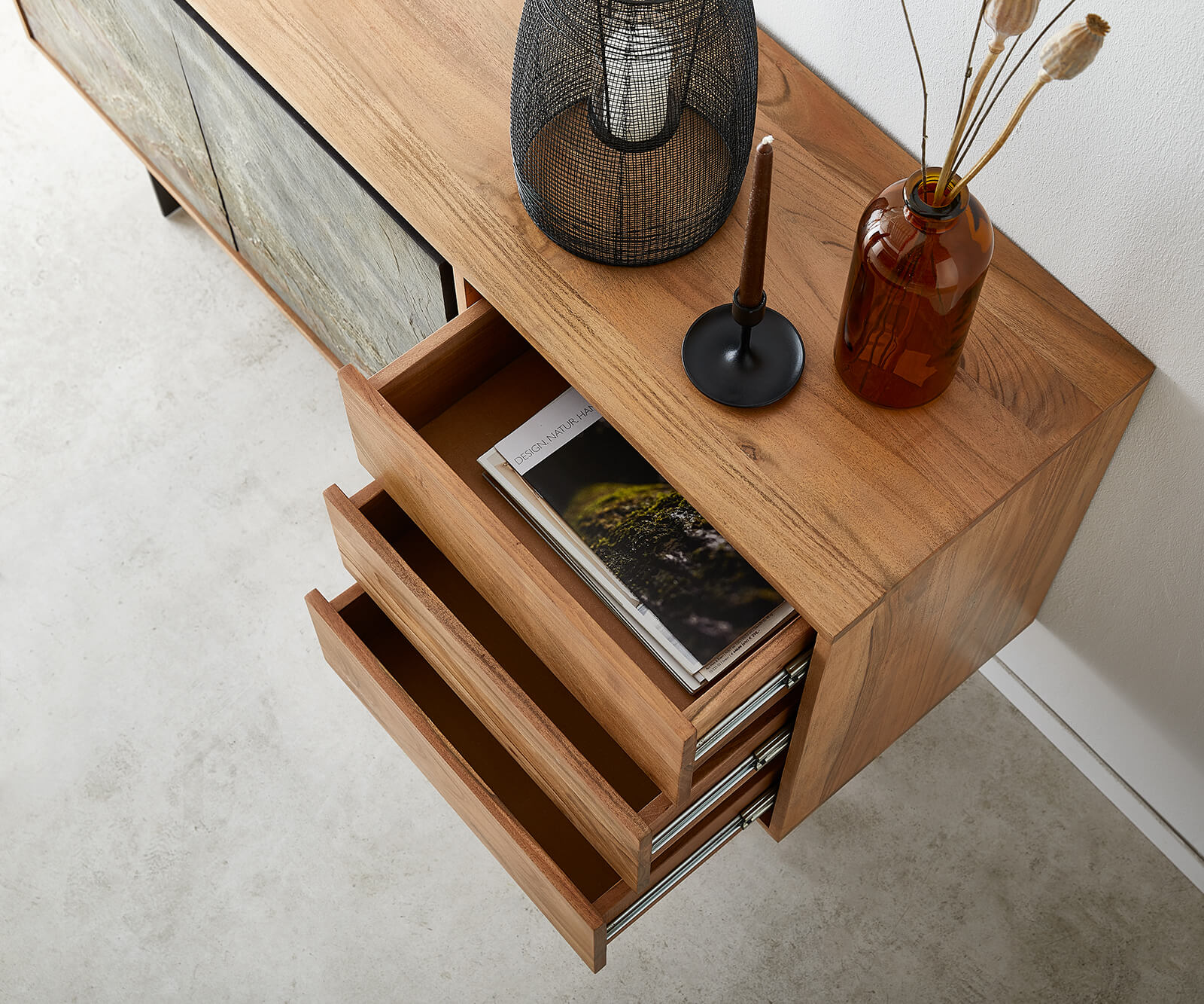 Buffet Juwelo 150 cm acacia nature avec placage de pierre  5