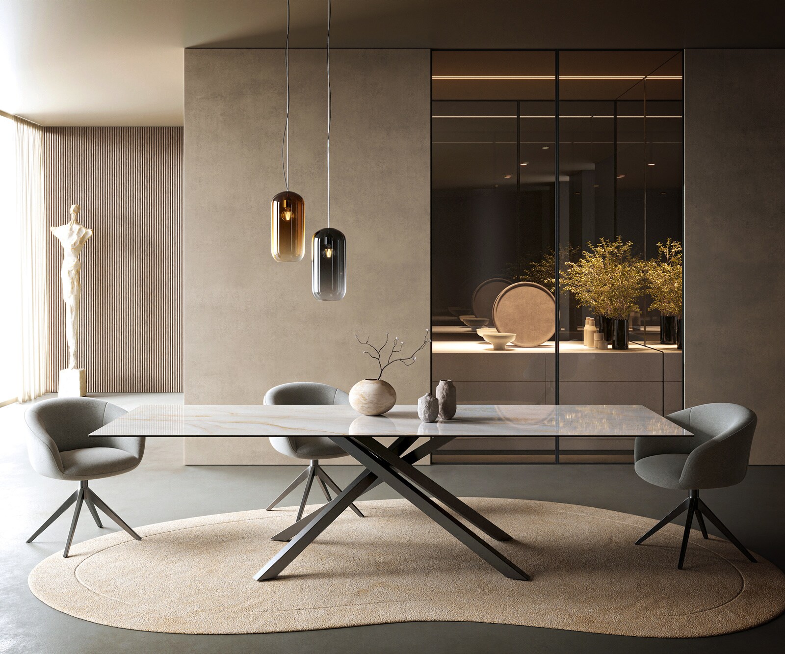 Table à manger Edge 300x100 cm céramique Onyx Pearl piètement croisé rectangulaire inox graphite 2