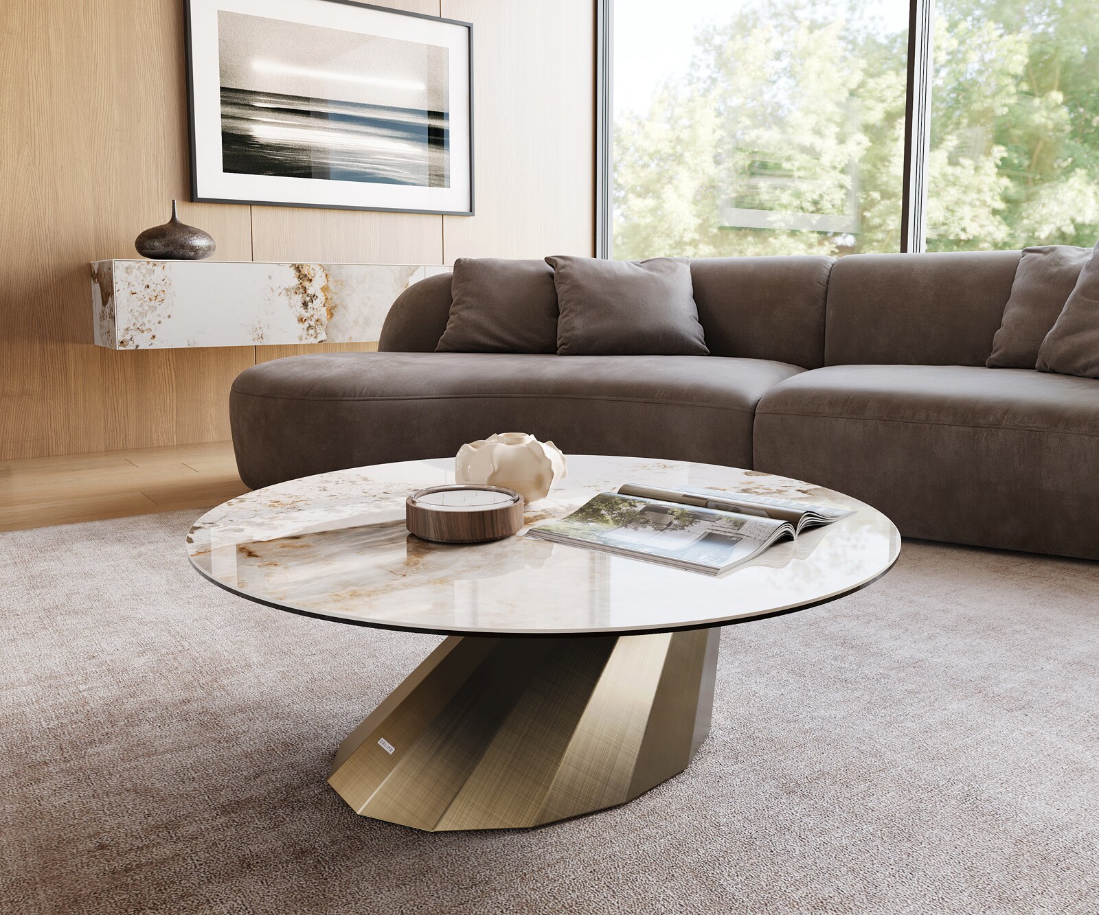 Table basse Edge rond 100x100 cm céramique Minas Melange Parabi doré métallique 1