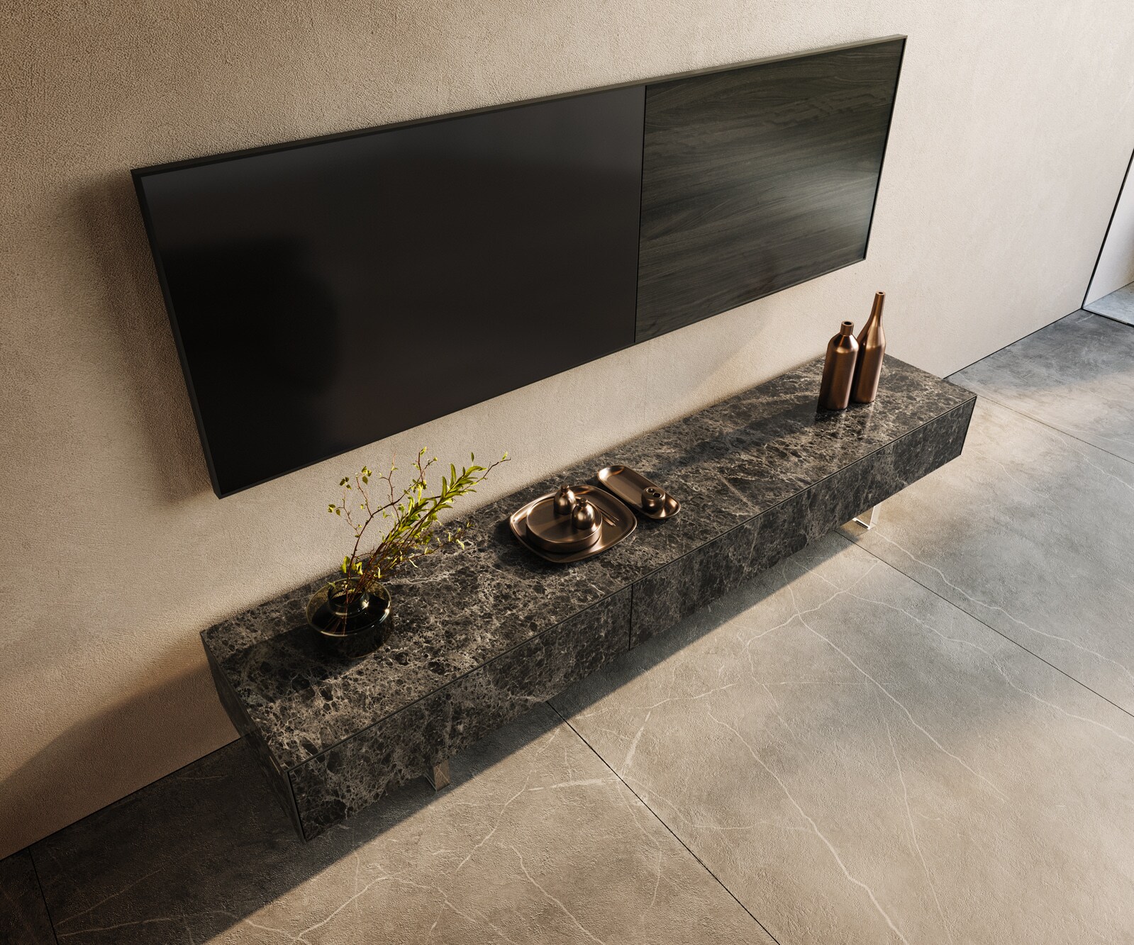 Meuble-TV Cuor 200 cm Céramique Laminam® Emperador Extra Lucidato brun foncé 1 Clapet 1 Tiroir Pied optique flottant Verre acrylique 3