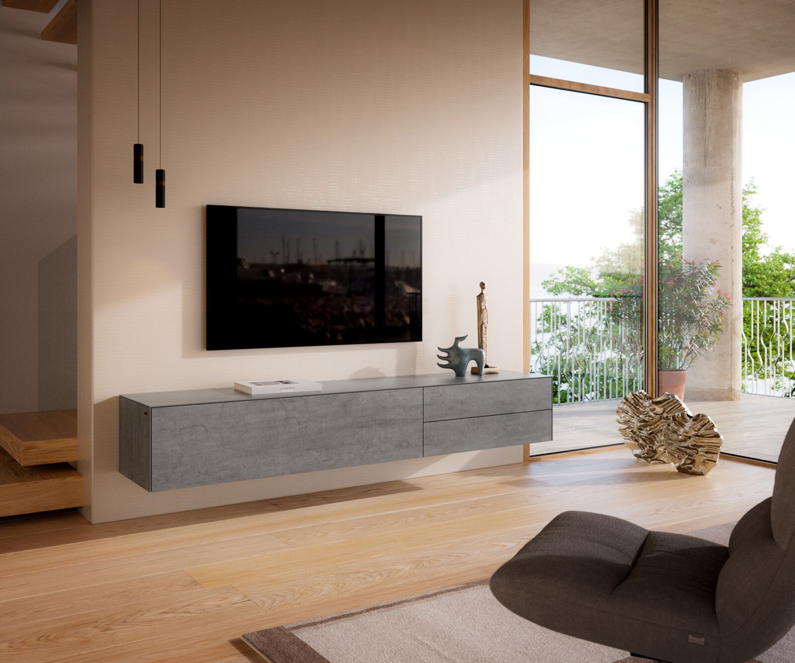 Meuble-TV Cuor 220 cm Céramique Béton gris 1 Clapet 2 Tiroirs Flottant 1