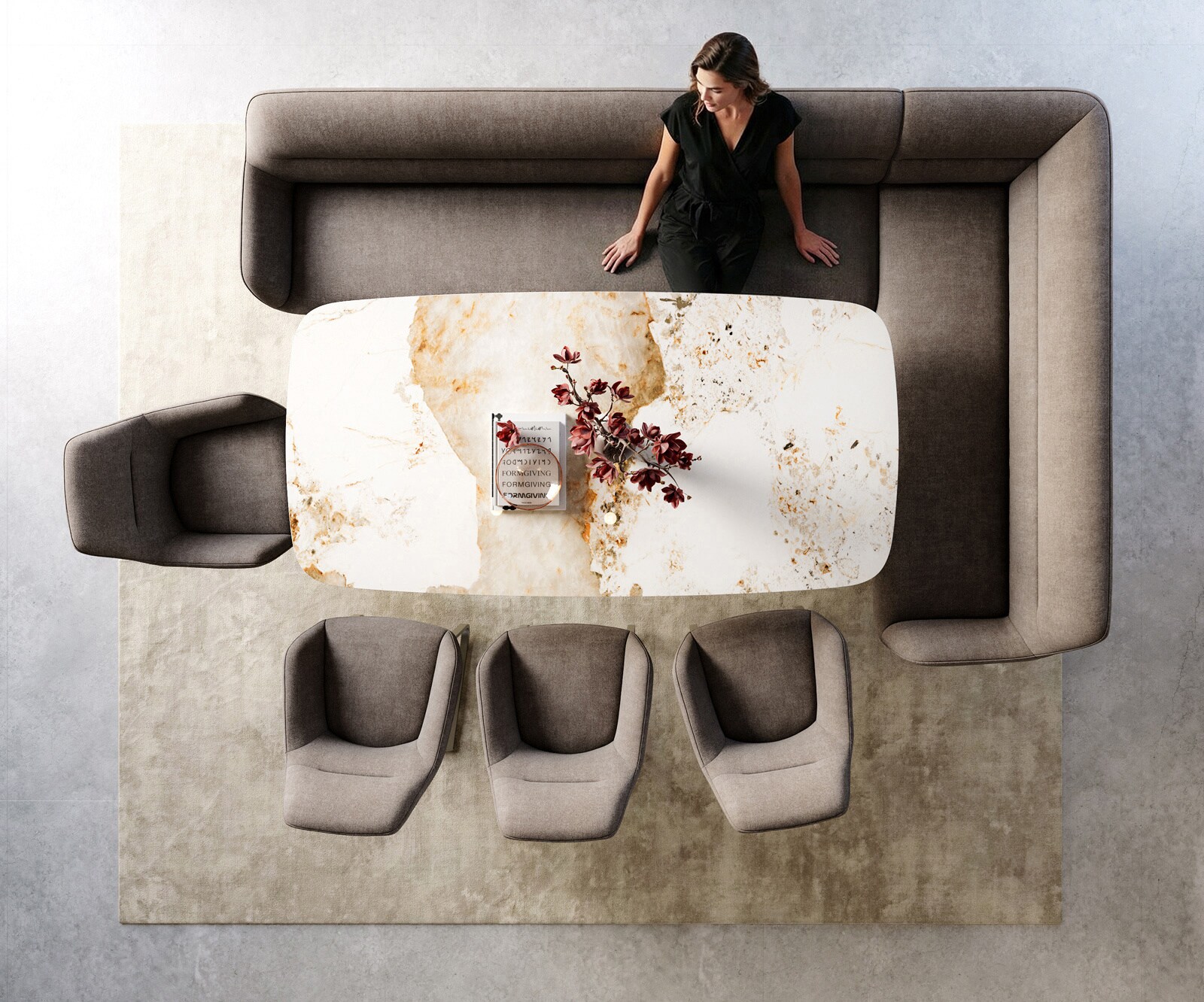 Banc-de-salle-à-manger Taya-Flex 285x190 cm tissu structuré doux taupe châssis à patins plat titane ressort ensaché liens 6