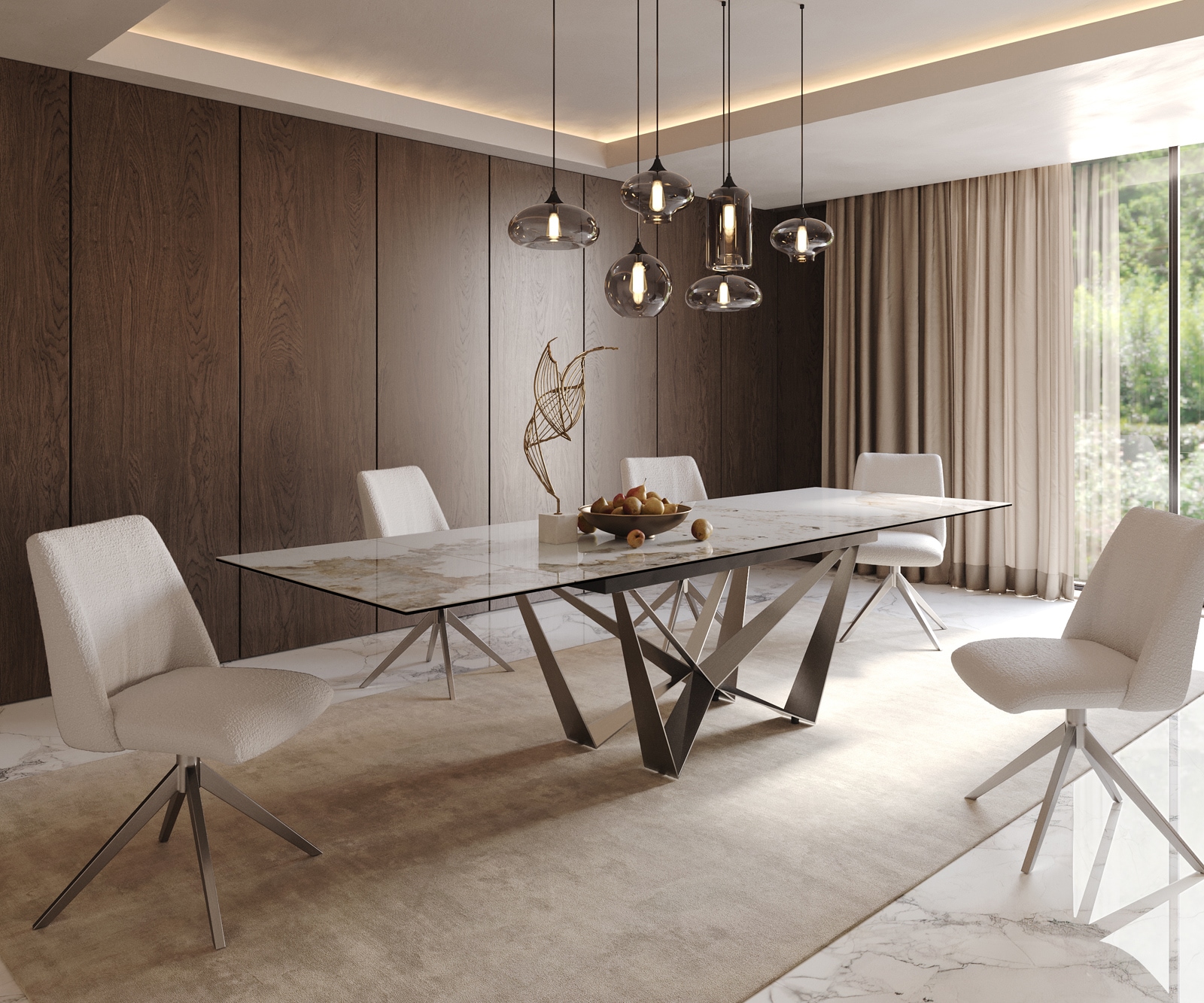 Table à manger Edge 200-300x100 céramique Minas mélange blanc-beige Spider acier plat acier inoxydable extensible 8