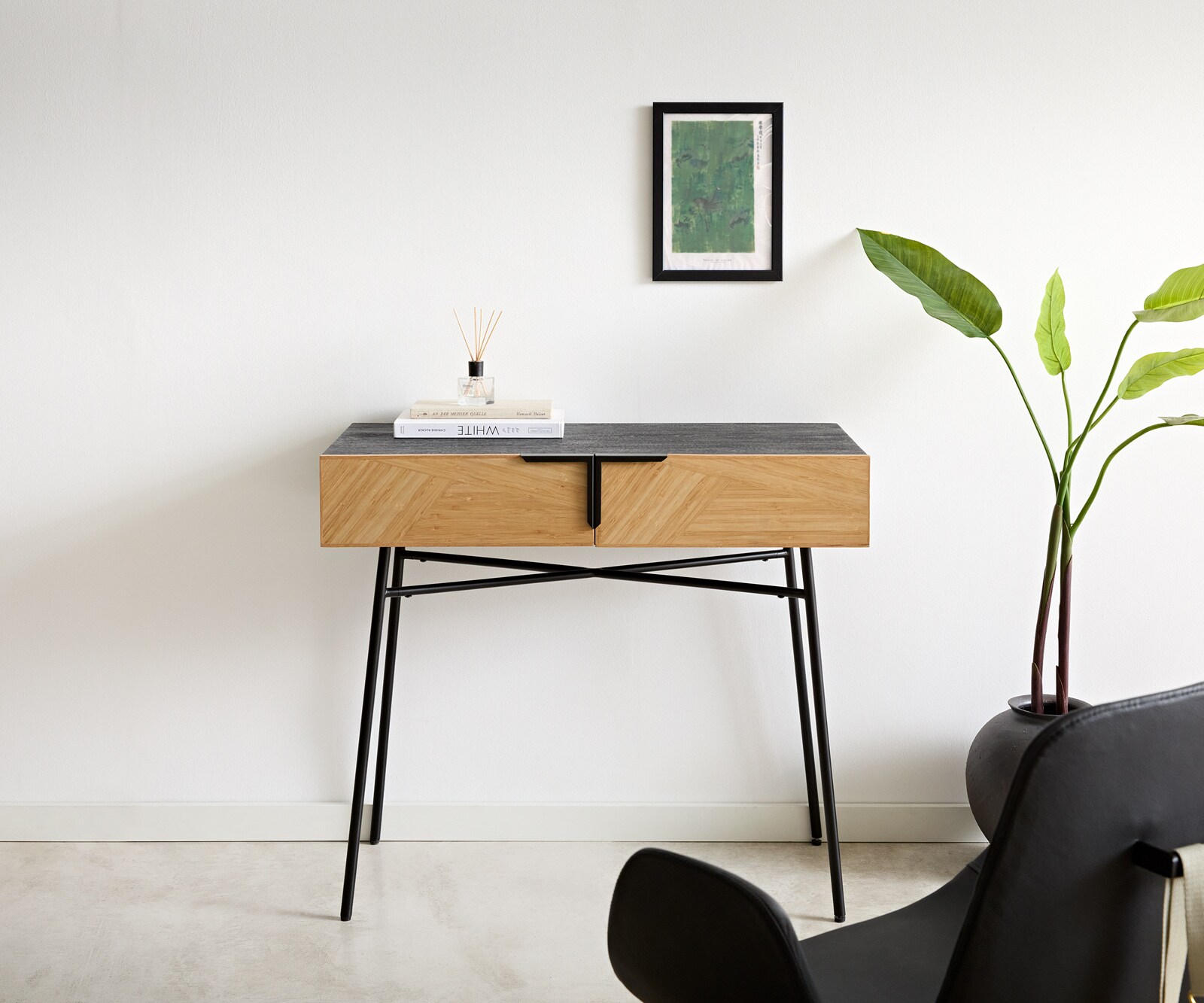 Table-console Mikkusu 90x45 cm bambou naturel manguier noir 2 tiroirs métal noir 2