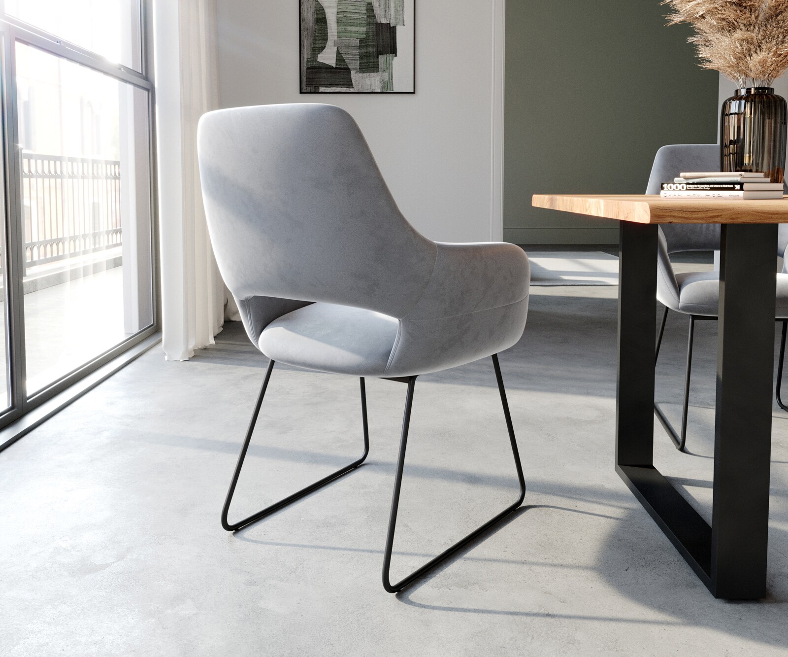 Chaise-de-salle-à-manger Yago-Flex avec accoudoirs velours gris pied trapèze noir ressorts ensachés 4 Chaise-de-salle-à-manger Yago-Flex avec accoudoirs velours gris pied trapèze noir ressorts ensachés 4