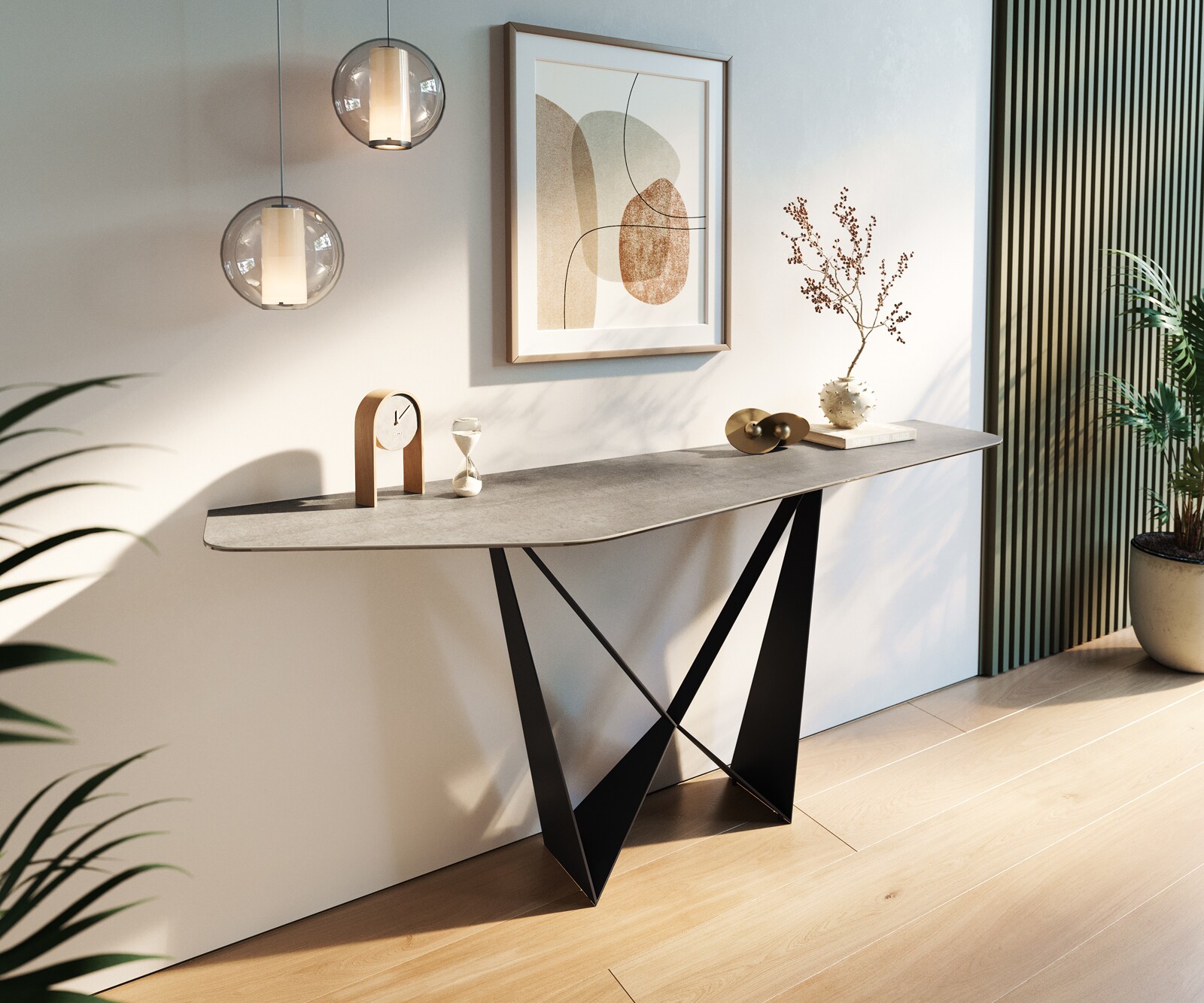Console Edge Polygonal 180x50 cm Céramique Gris béton Spios Métal Noir 1