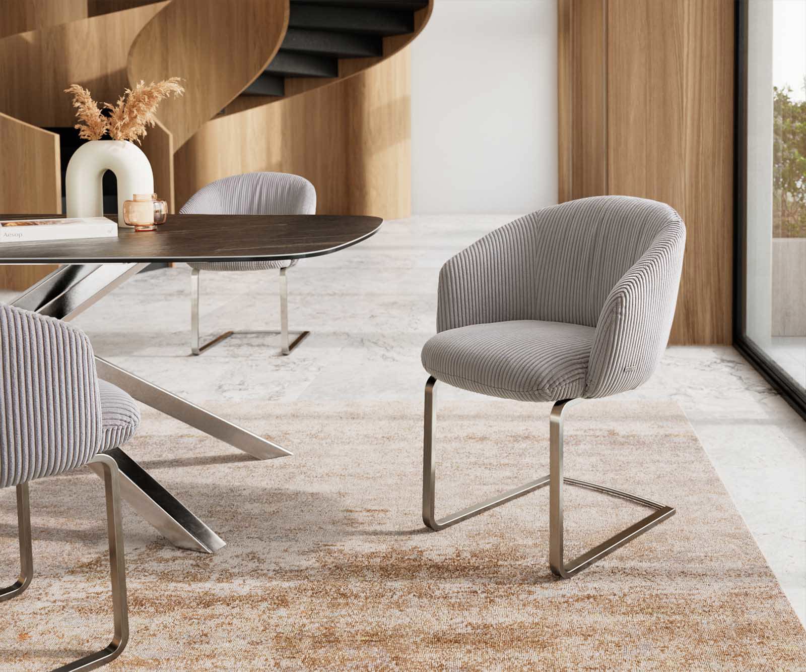 Cantilever Caja-Flex avec accoudoirs côtelé gris argenté pied cantilever plat acier inoxydable brossé ressorts ensachés