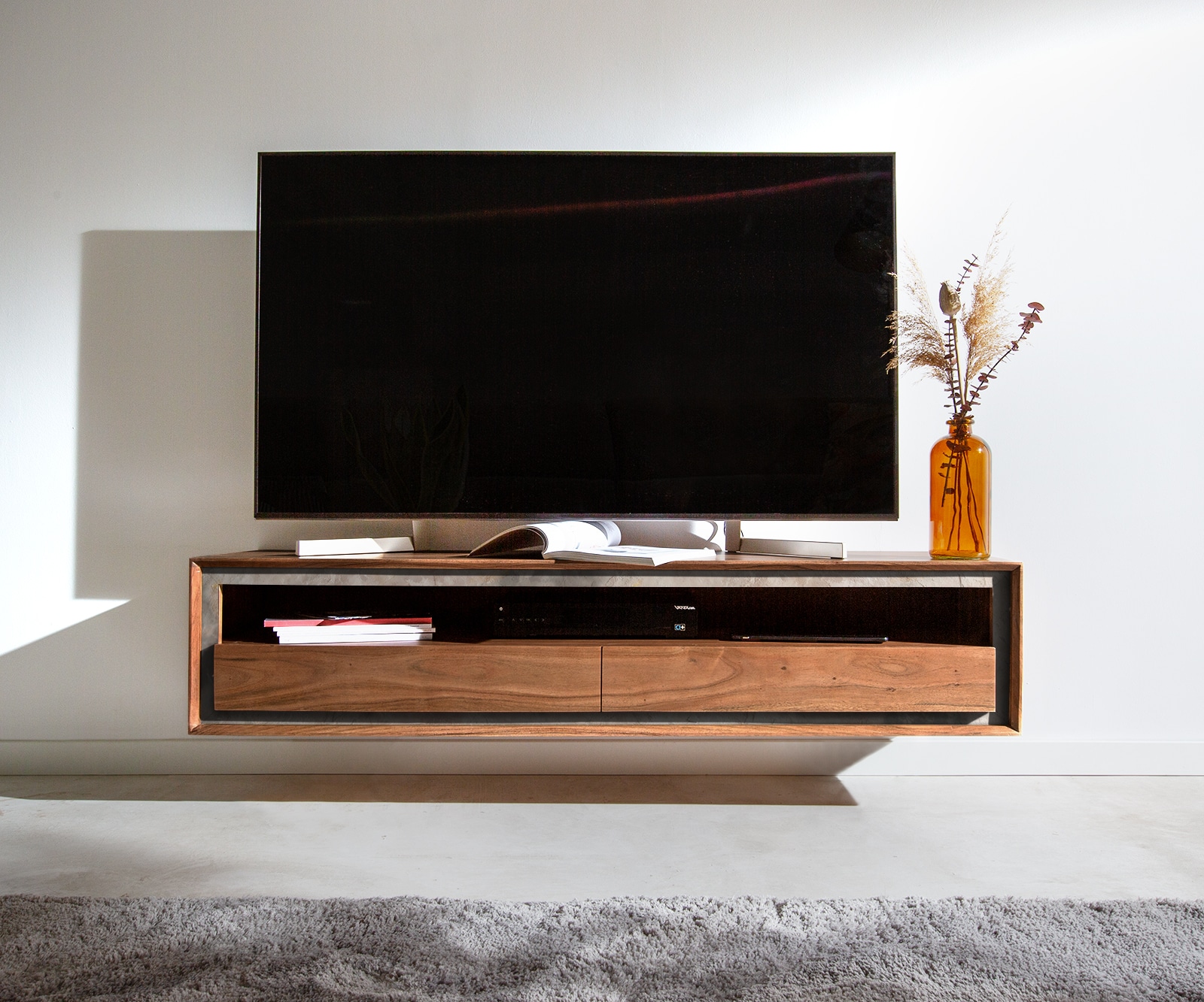Meuble-TV Stonegrace 145 cm acacia marron placage pierre 2 tiroirs 1 compartiment suspendu 1 Meuble-TV Stonegrace 145 cm acacia marron placage pierre 2 tiroirs 1 compartiment suspendu 1
