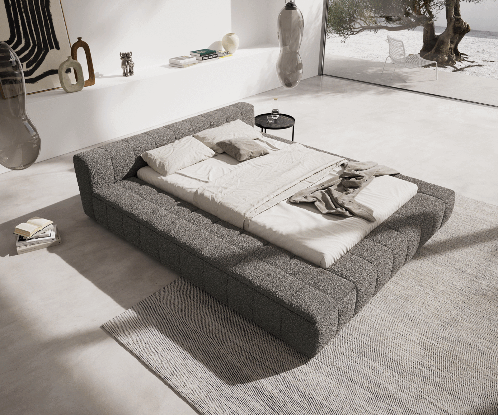 Sommier-rembourré Espazio 140x200 cm Bouclé gris argenté avec espace de rangement 1