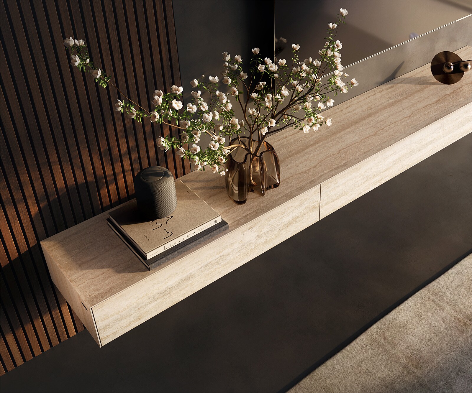 Meuble-TV Cuor 250 cm Céramique Laminam® Travertino Bianco Crème-blanc 1 Clapet 1 Tiroir Flottant 4