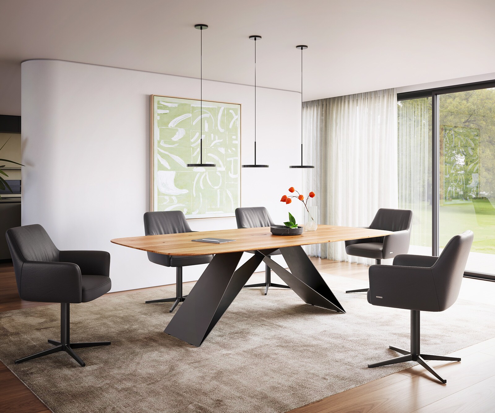 Table à manger Edge Boot 240x120x2,5-3 chêne naturee cadre en V acier plat noir bord suisse 4