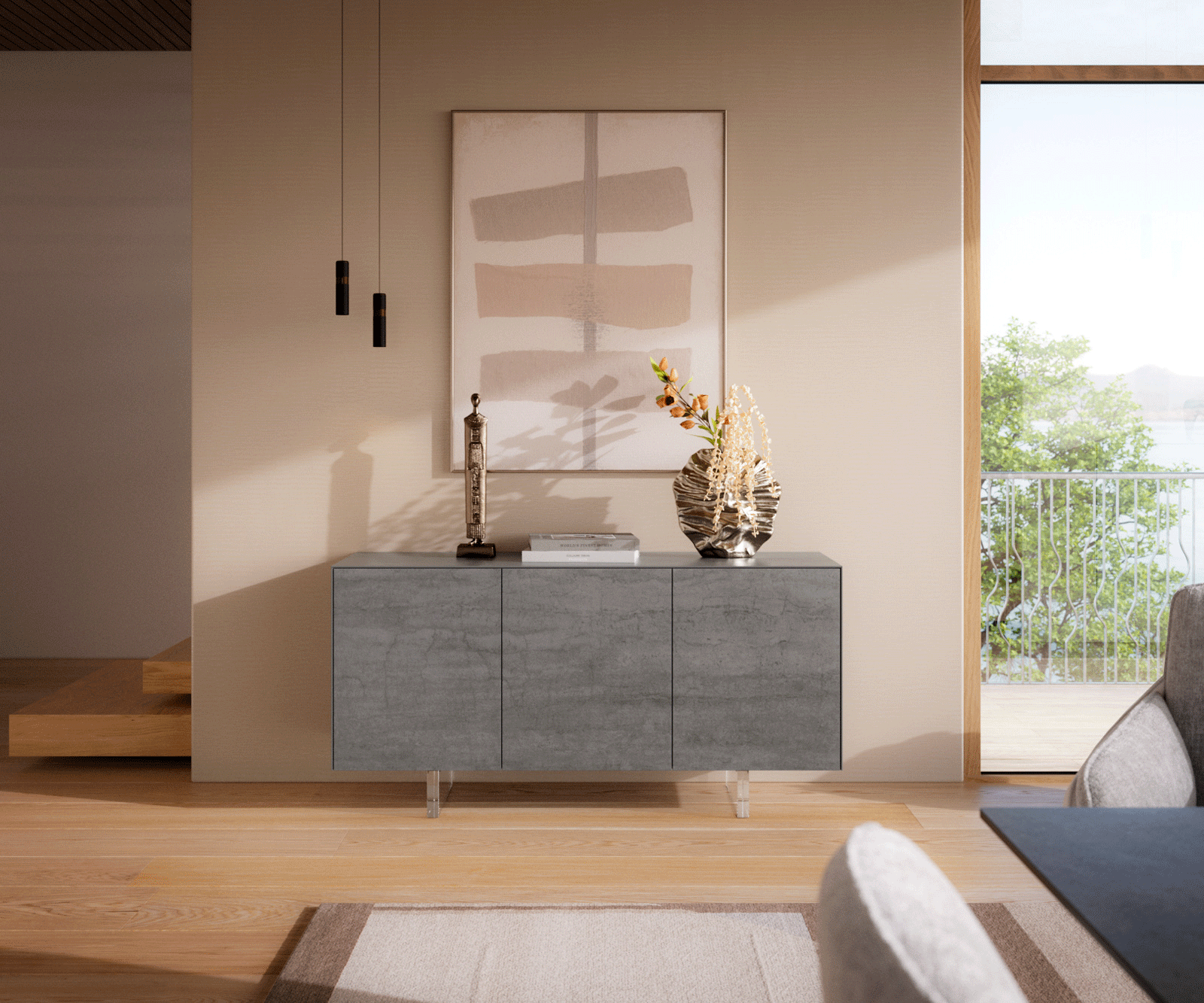 Buffet Cuor 150 cm Céramique Béton gris 3 Portes Pied optique flottant Verre acrylique 2
