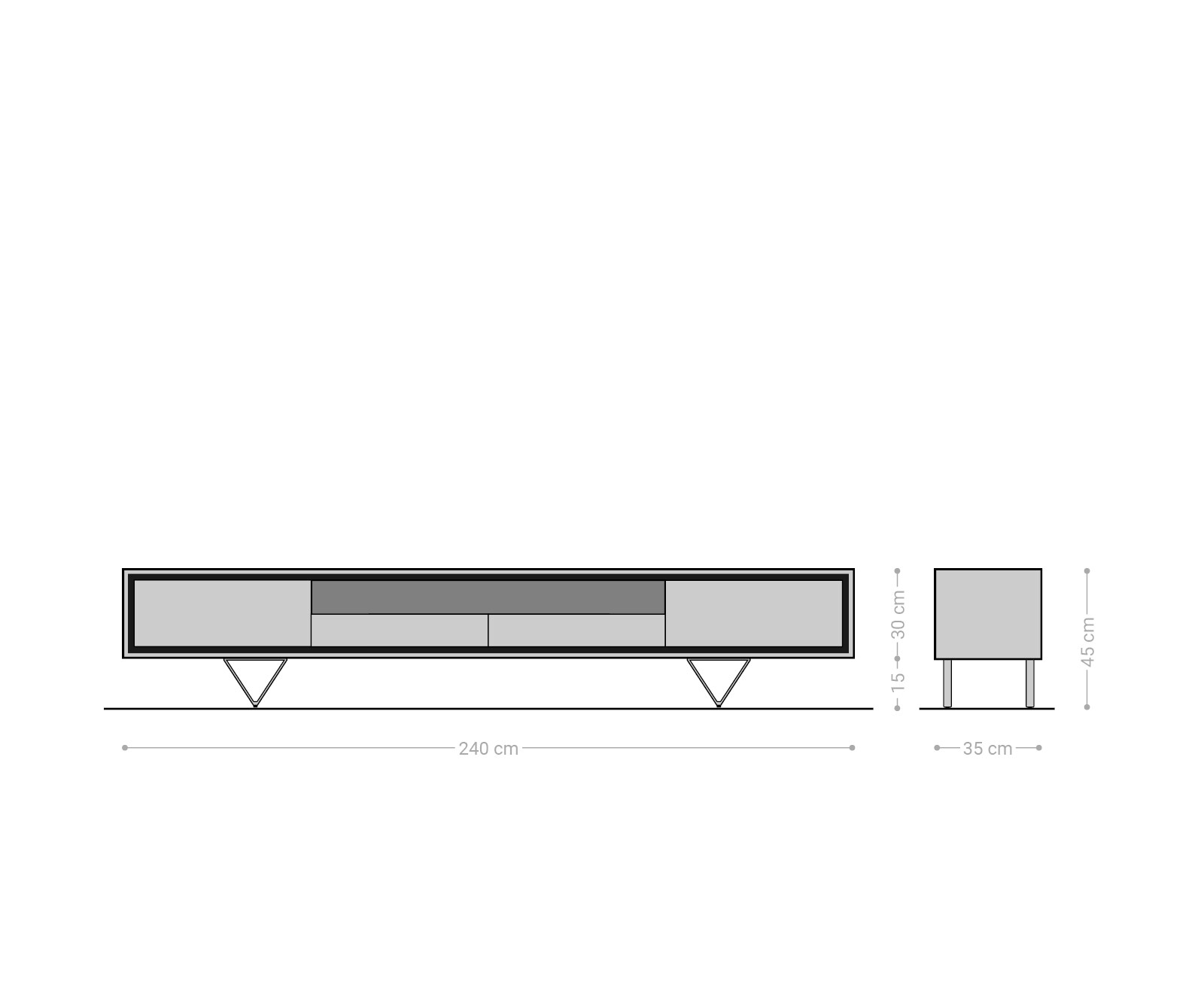 Meuble -TV Stonegrace 240 cm acacia nature 2 portes 1 compartiment 2 tiroirs placage en pierre pieds en V 6