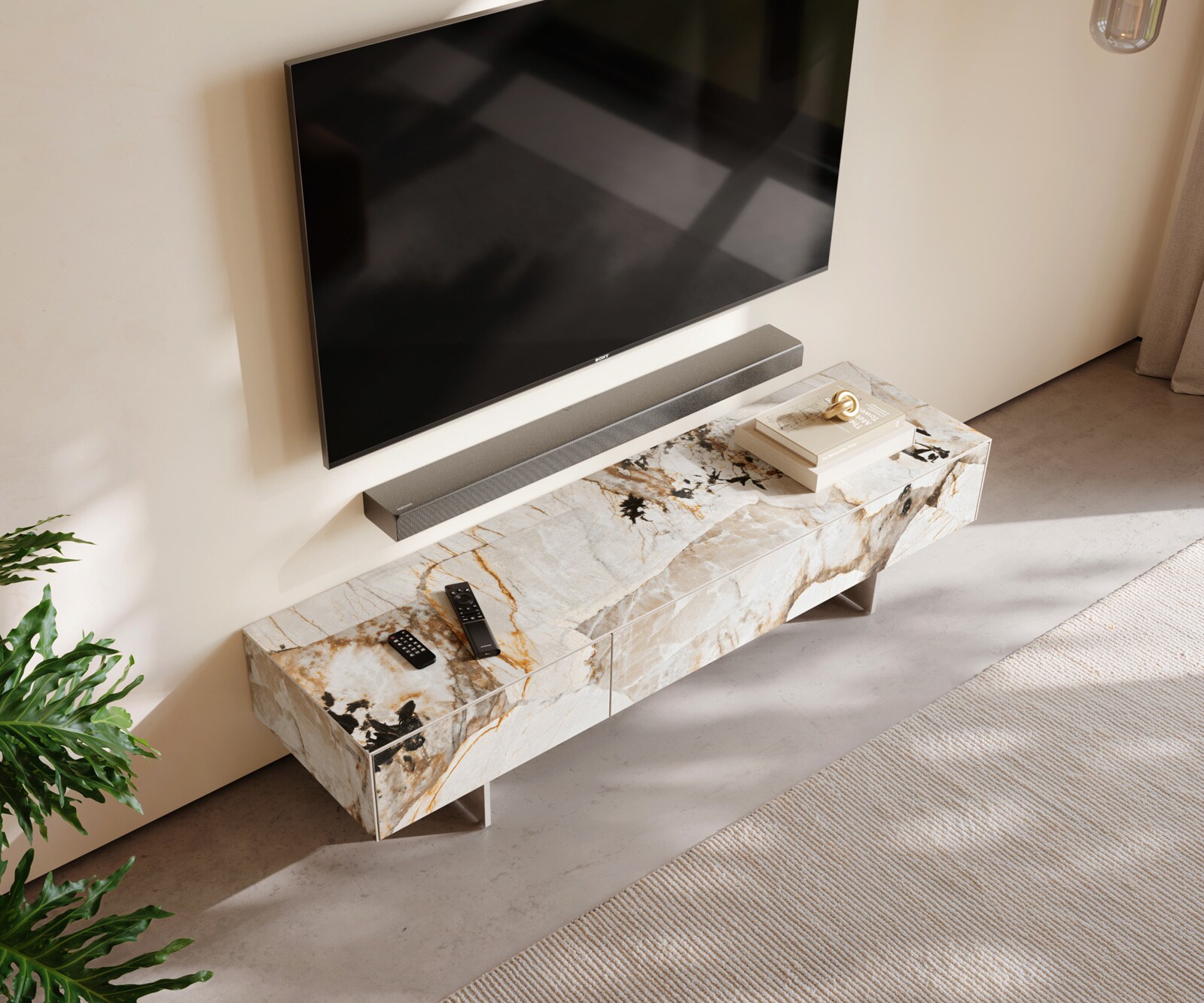 Meuble-TV Cuor 150 cm Céramique Patagonia raffinée 1 Clapet 1 Tiroir Pied optique flottant Ancier inoxydable 4
