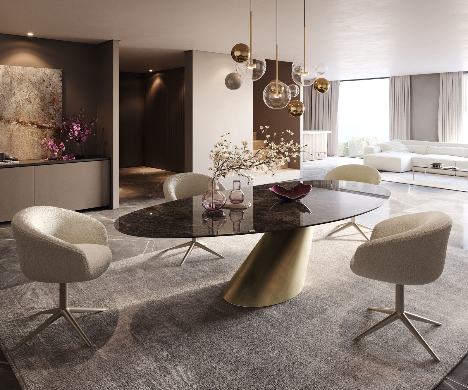 Table de salle à manger Edge Ovale Céramique Emperador Extra Lucidato Brun foncé 280x130 Cono Métallique Or 6