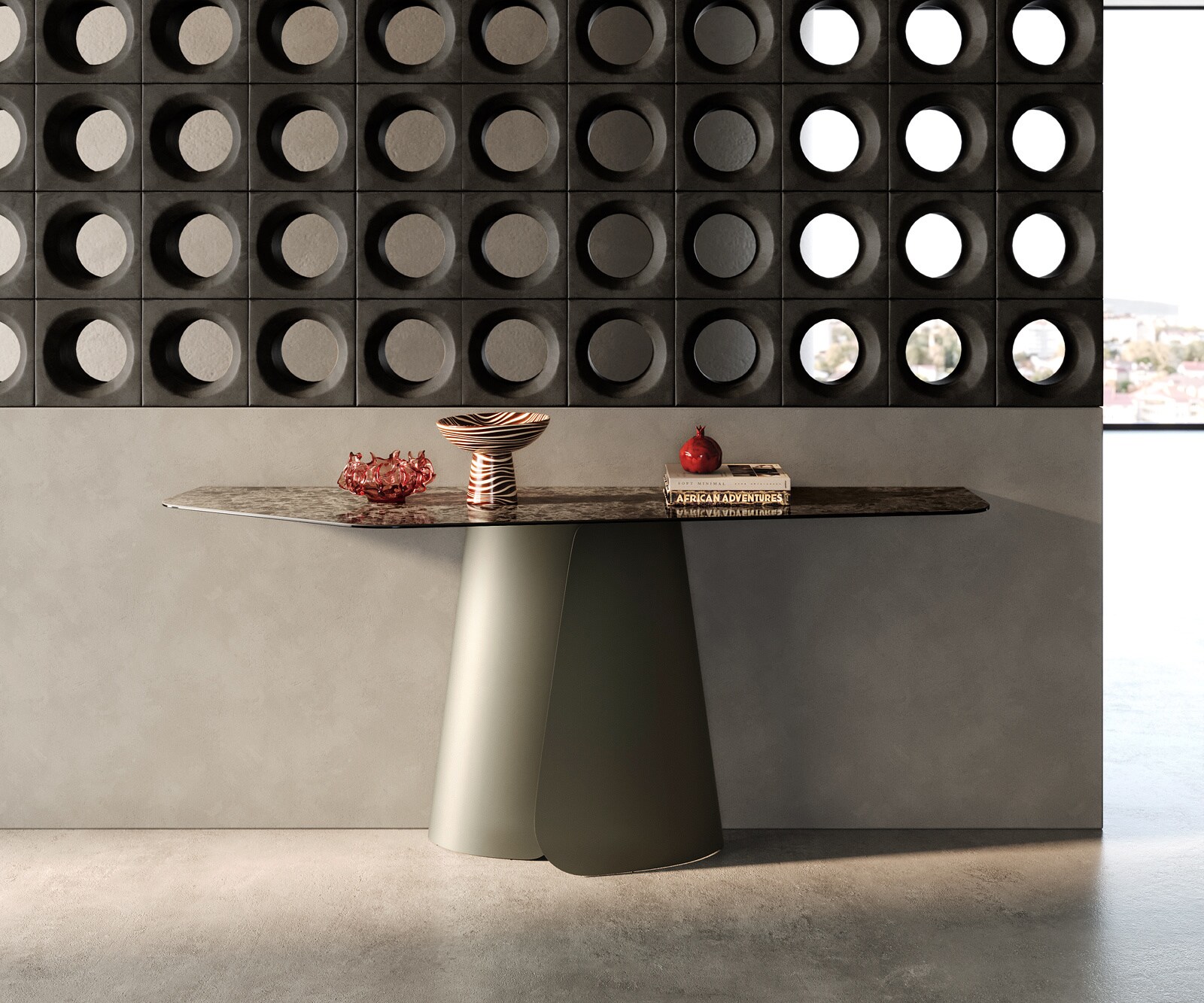 Console Edge Polygonal 180x50 cm Céramique Emperador Extra Lucidato Dunkelbraun Livos Métal Effektfinish Titan 4
