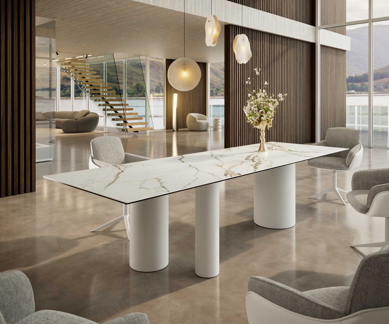 Table à manger Edge 300x100 Céramique Calacatta Luxe Blanc-Doré-Gris Troa Métal Blanc 1