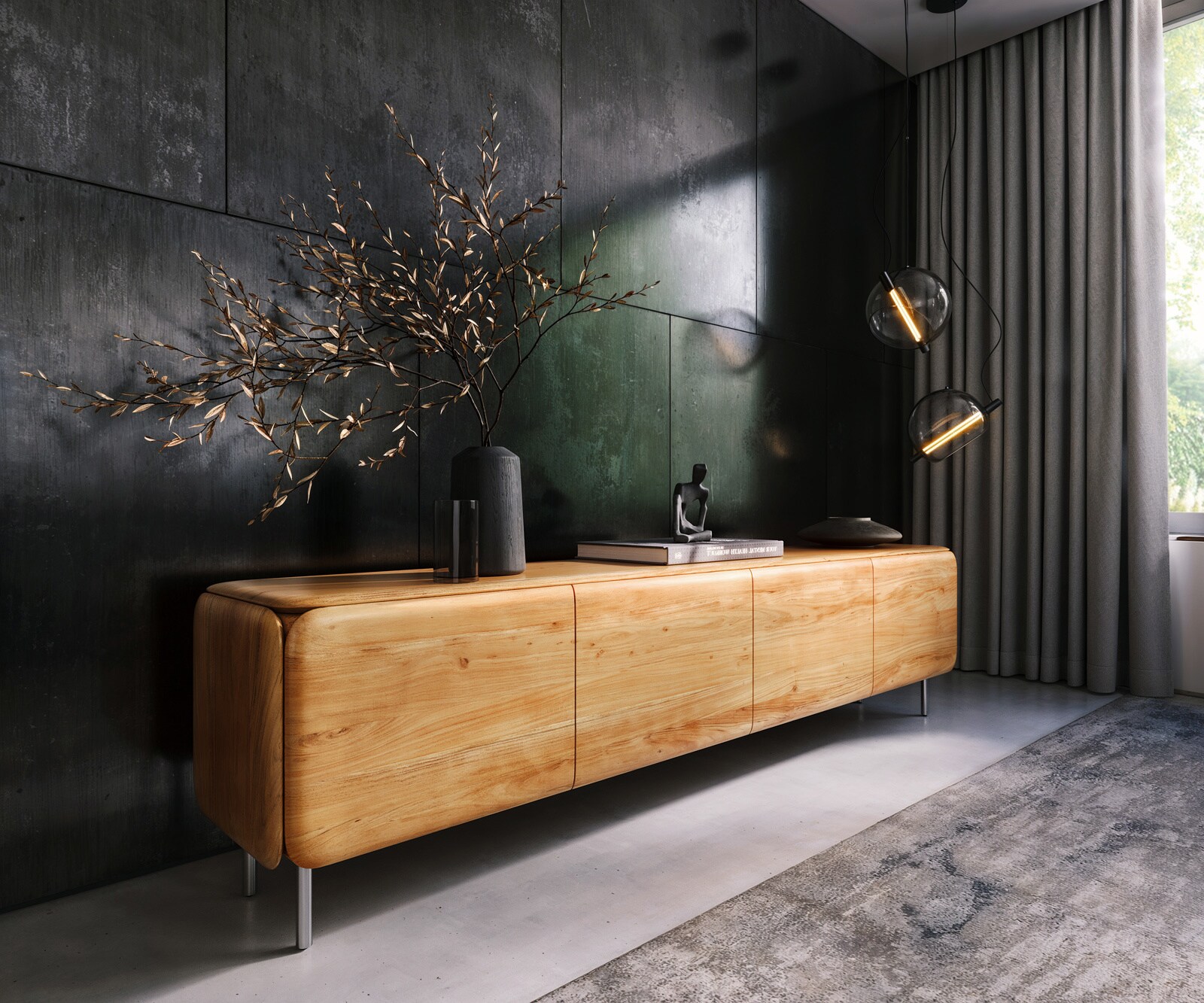 Meuble-TV Shavani 220 cm Acacia naturel 4 portes Pieds ronds Acier inoxydable Argent