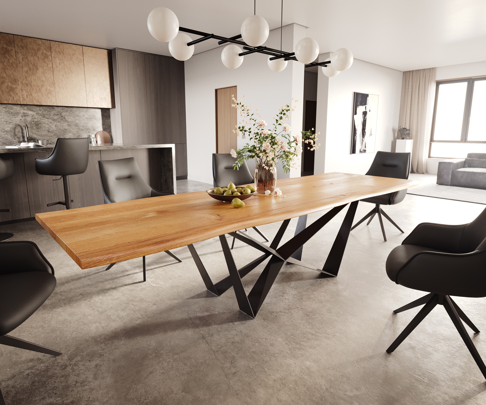 Table à manger Edge 300x100x4 chêne naturee Spider acier plat noir Live-Edge 1