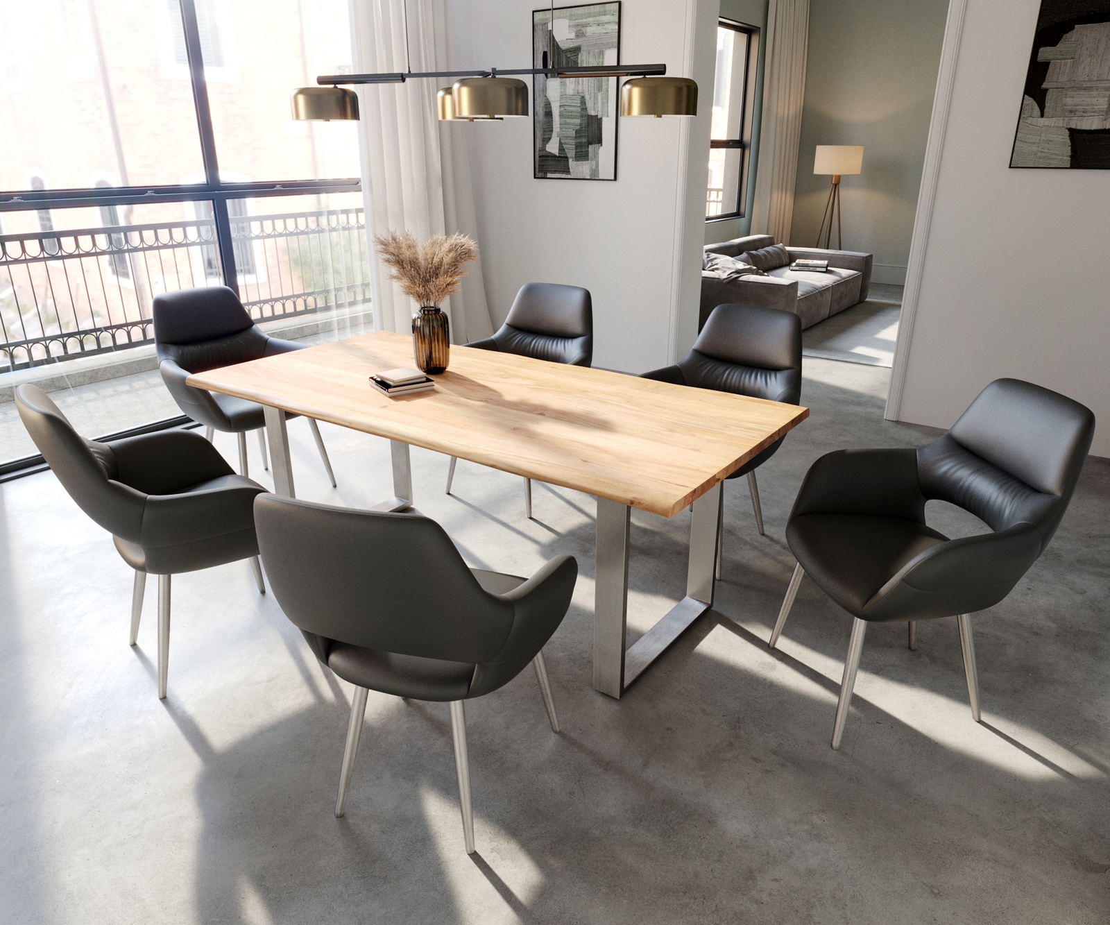 Chaise-de-salle-à-manger Yago-Flex avec accoudoirs cuir de vache noir 4 pieds coniques acier inoxydable brossé ressorts ensachés 3 Chaise-de-salle-à-manger Yago-Flex avec accoudoirs cuir de vache noir 4 pieds coniques acier inoxydable brossé ressorts ensachés 3