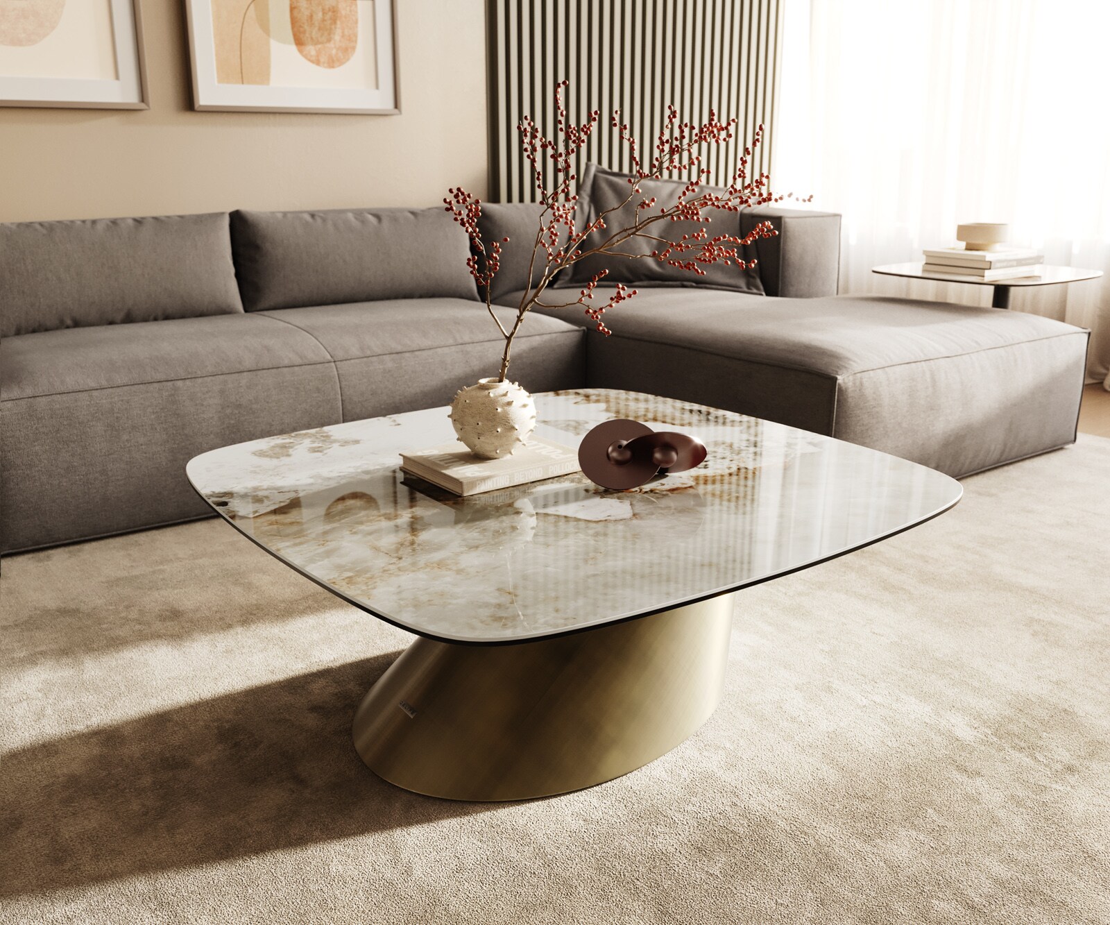 Table basse Edge Boot 90x90 cm céramique Minas Melange Conis doré métallique 1
