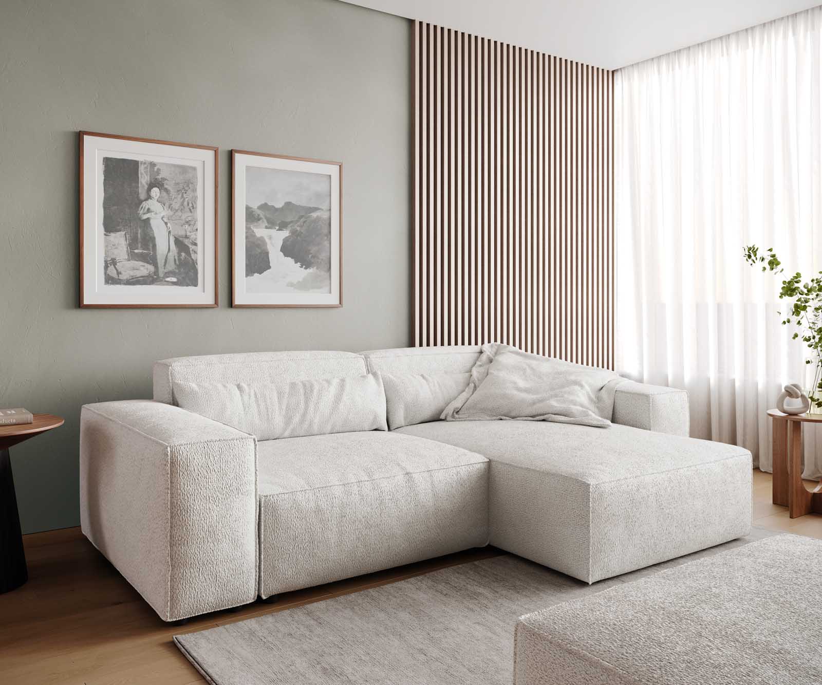 Canapé d'angle Sirpio 230x155 cm Bouclee Crème-blanc Recamiere variable avec Tabouret