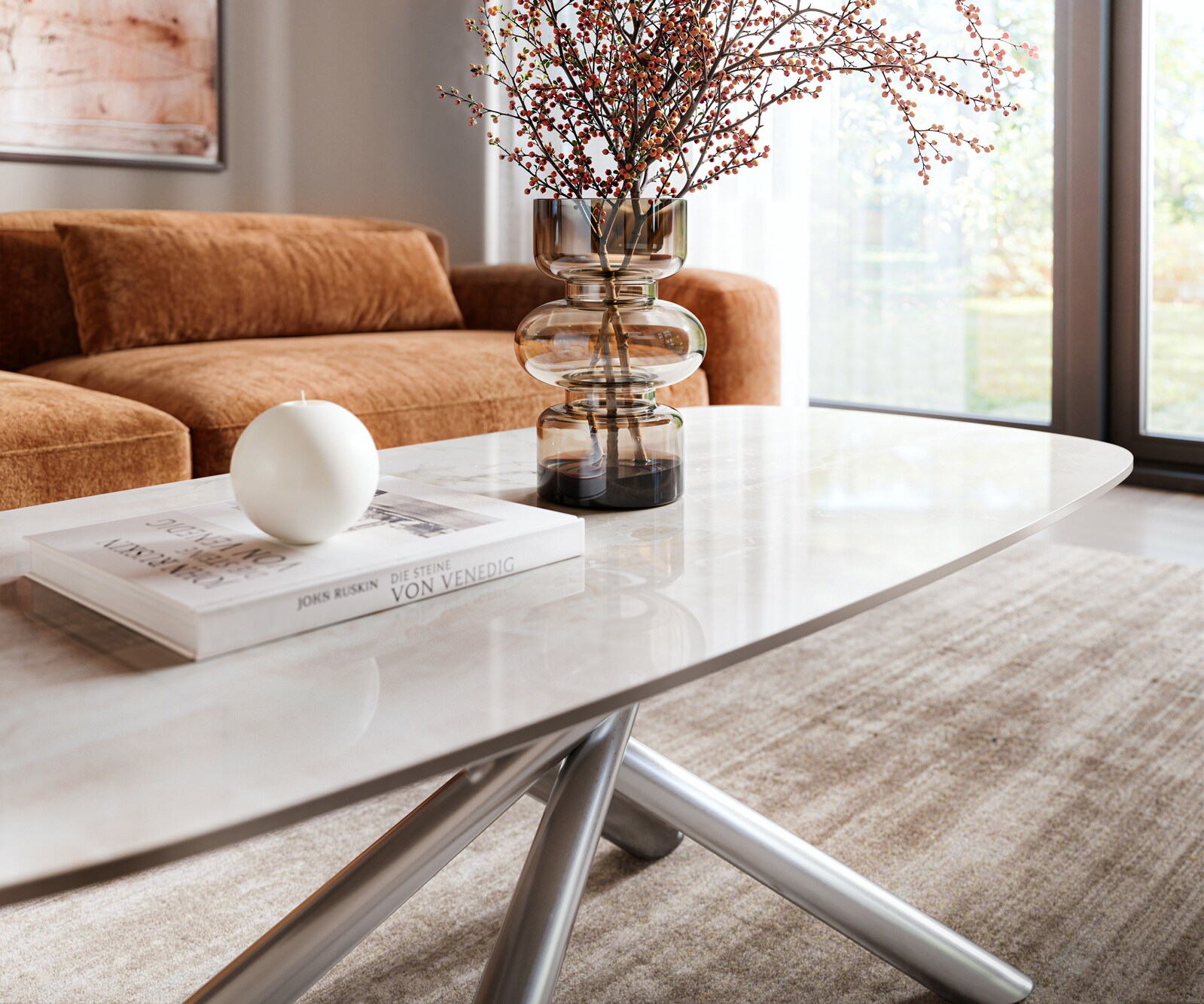 Table basse Edge forme bateau 100x50 cm céramique Onyx Champagne Sarity acier inoxydable brossé 6