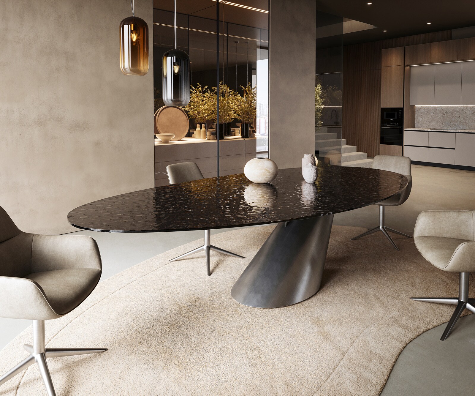 Table à manger Edge ovalee 280x130 verre en relief noir fumé 3D-Design Cono métallique argent 2