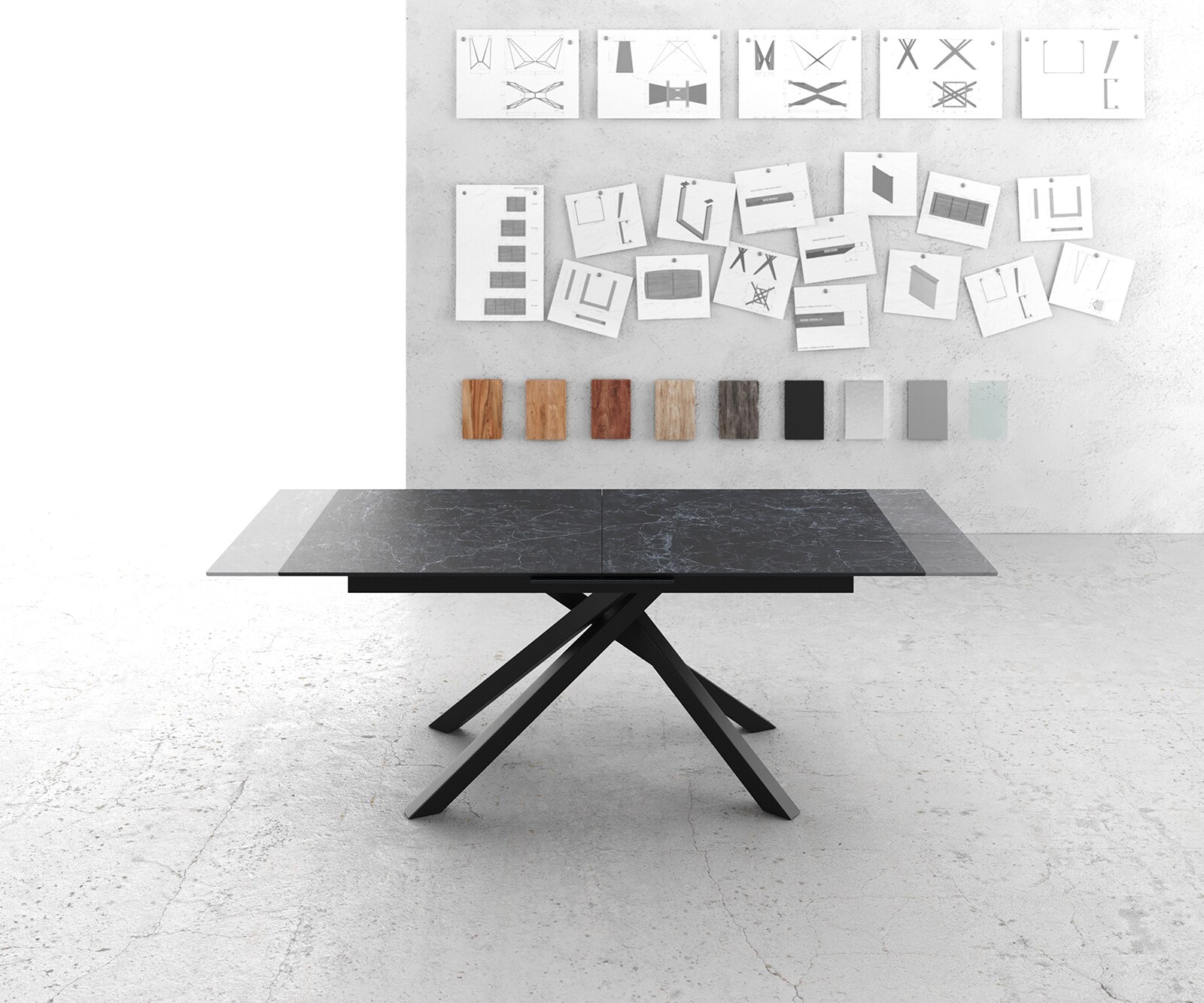 Table-à-manger Edge 180-220x100cm Laminam® céramique gris pieds milieu croisé noir 5