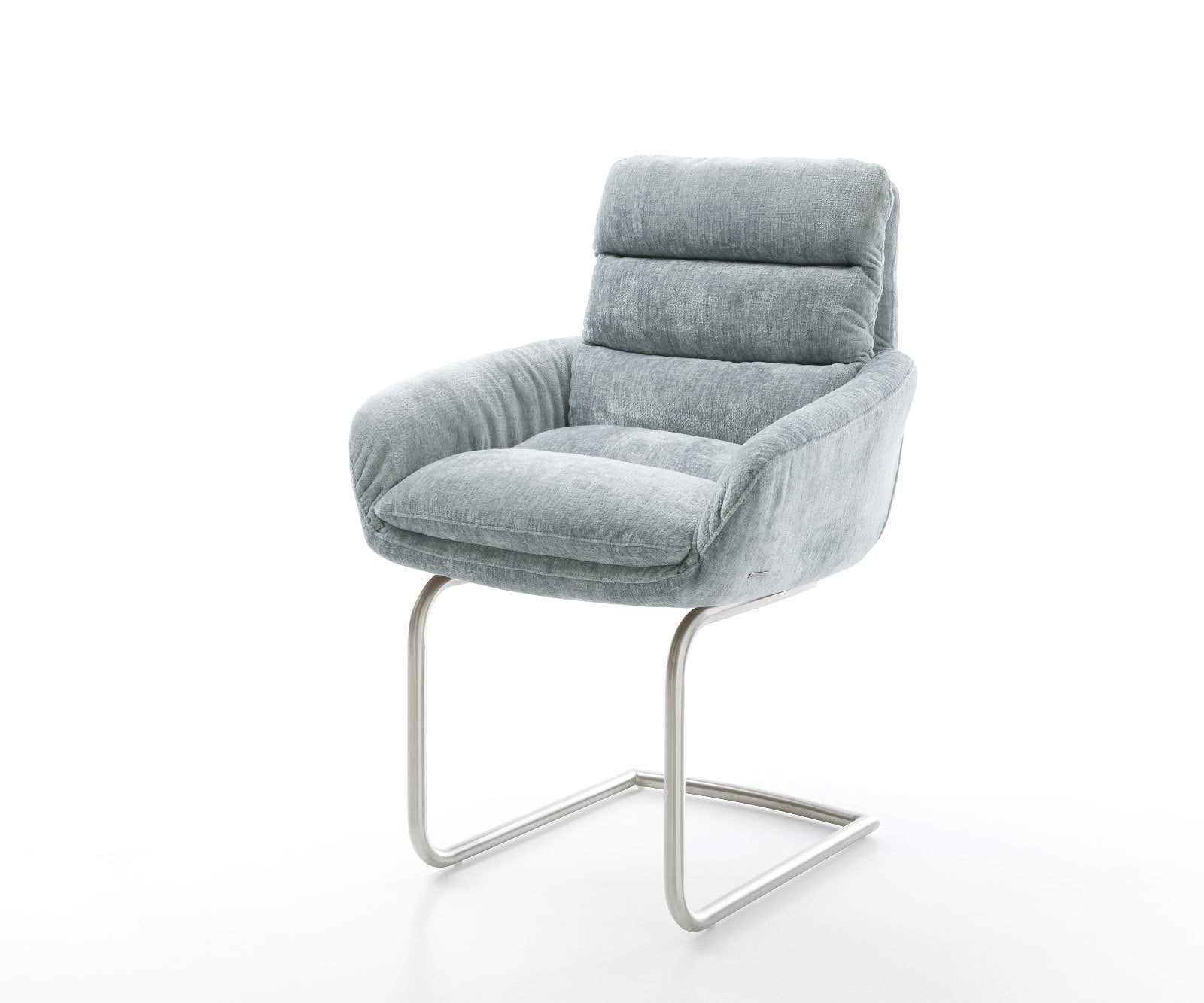 Cantilever Abelia-Flex avec accoudoirs chenille bleu pastel pied cantilever rond acier inoxydable brossé Cantilever Abelia-Flex avec accoudoirs chenille bleu pastel pied cantilever rond acier inoxydable brossé