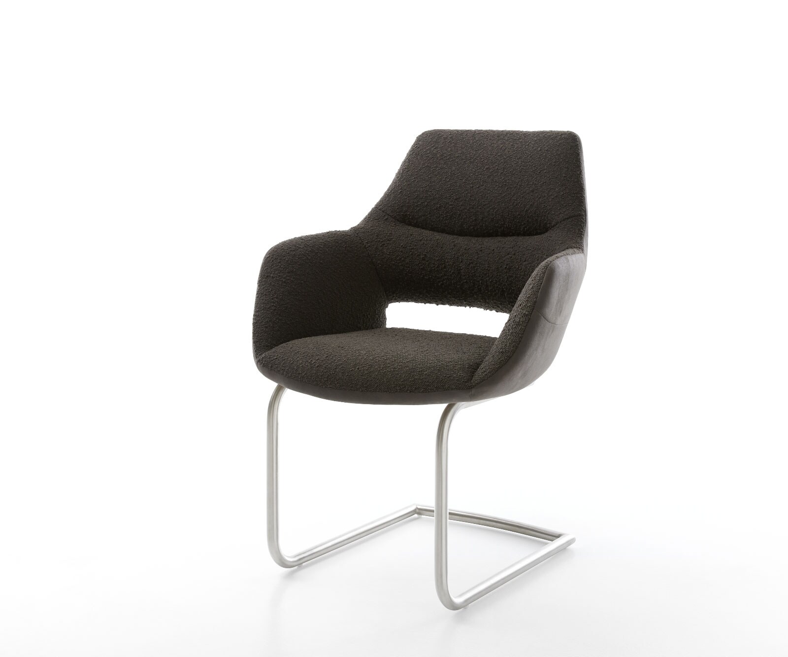 Cantilever Yago-Flex avec accoudoirs tissu mixte noir pied cantilever rond acier inoxydable brossé ressorts ensachés